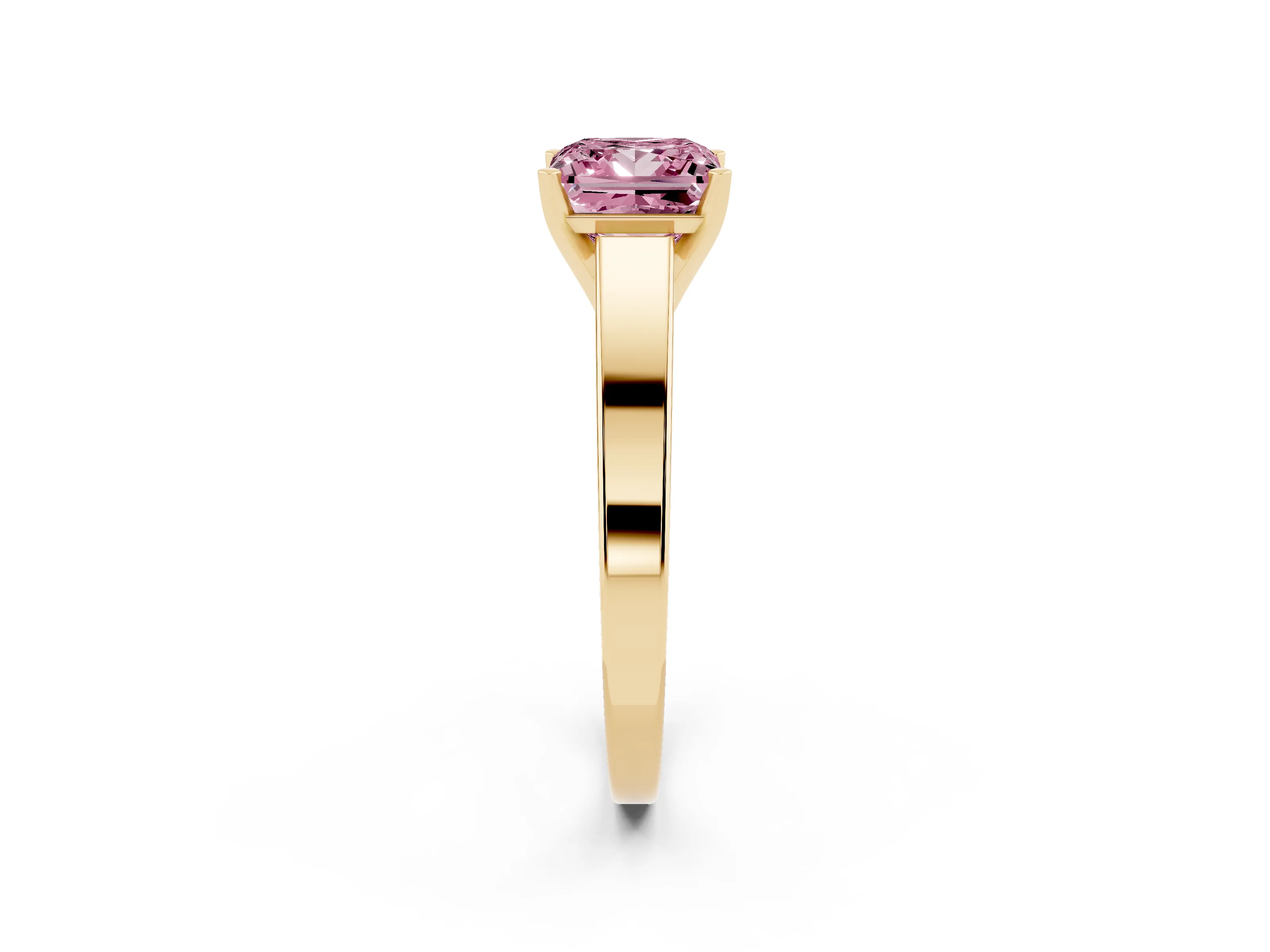 Fancy Pink Princess Cut Diamond Solitaire Engagement Ring Set in Yellow gold with Prong Setting and Tapered Band