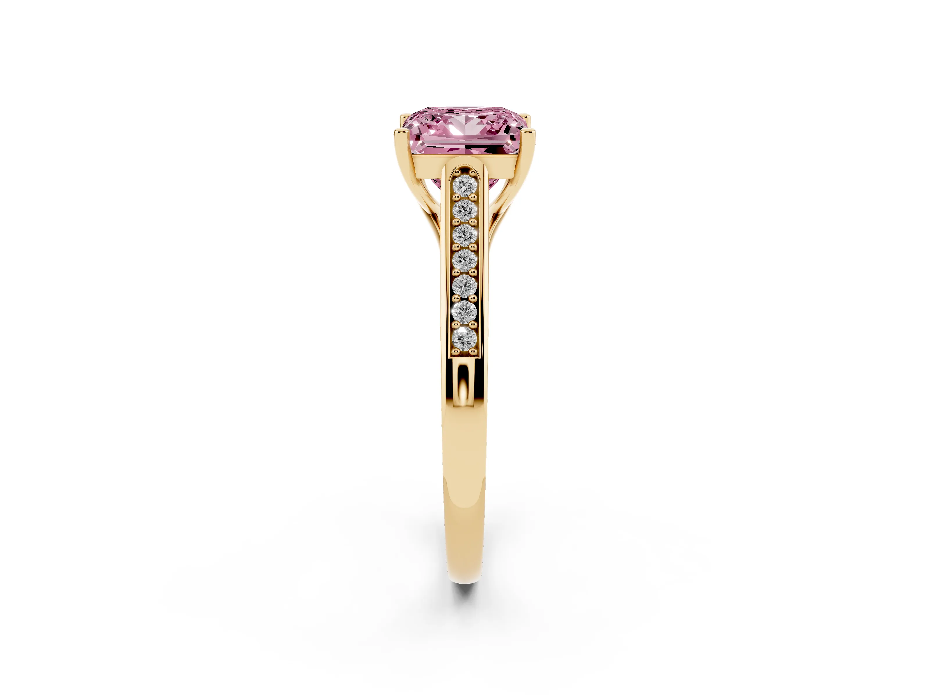 Fancy Pink Princess Cut Diamond Solitaire Cathedral Engagement Ring Set in Yellow gold with Channel-Set Band and Prong Setting