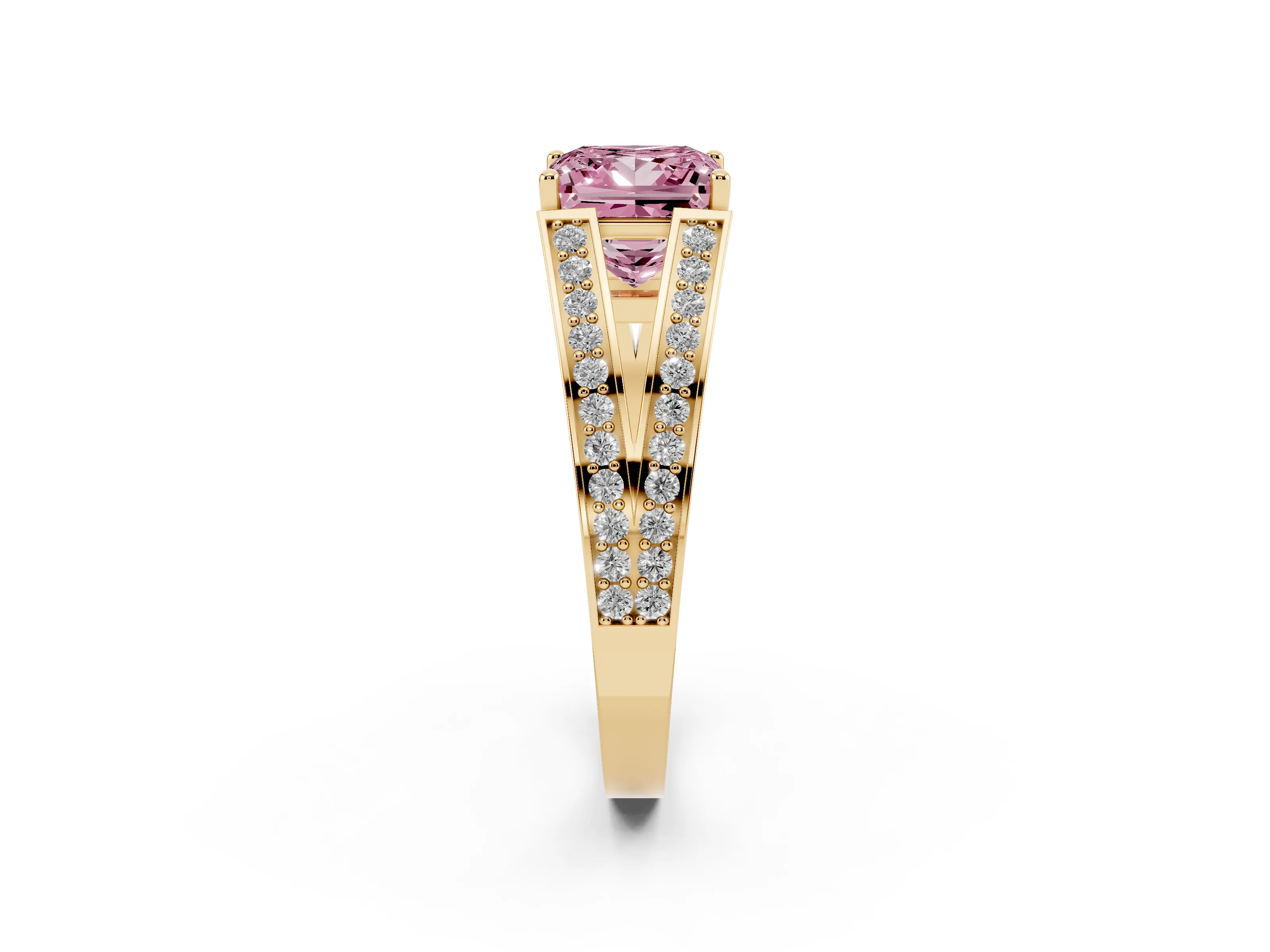 Fancy Pink Princess Cut Diamond Split Shank Ring Set in Yellow gold with Pavé Band and Prong Setting
