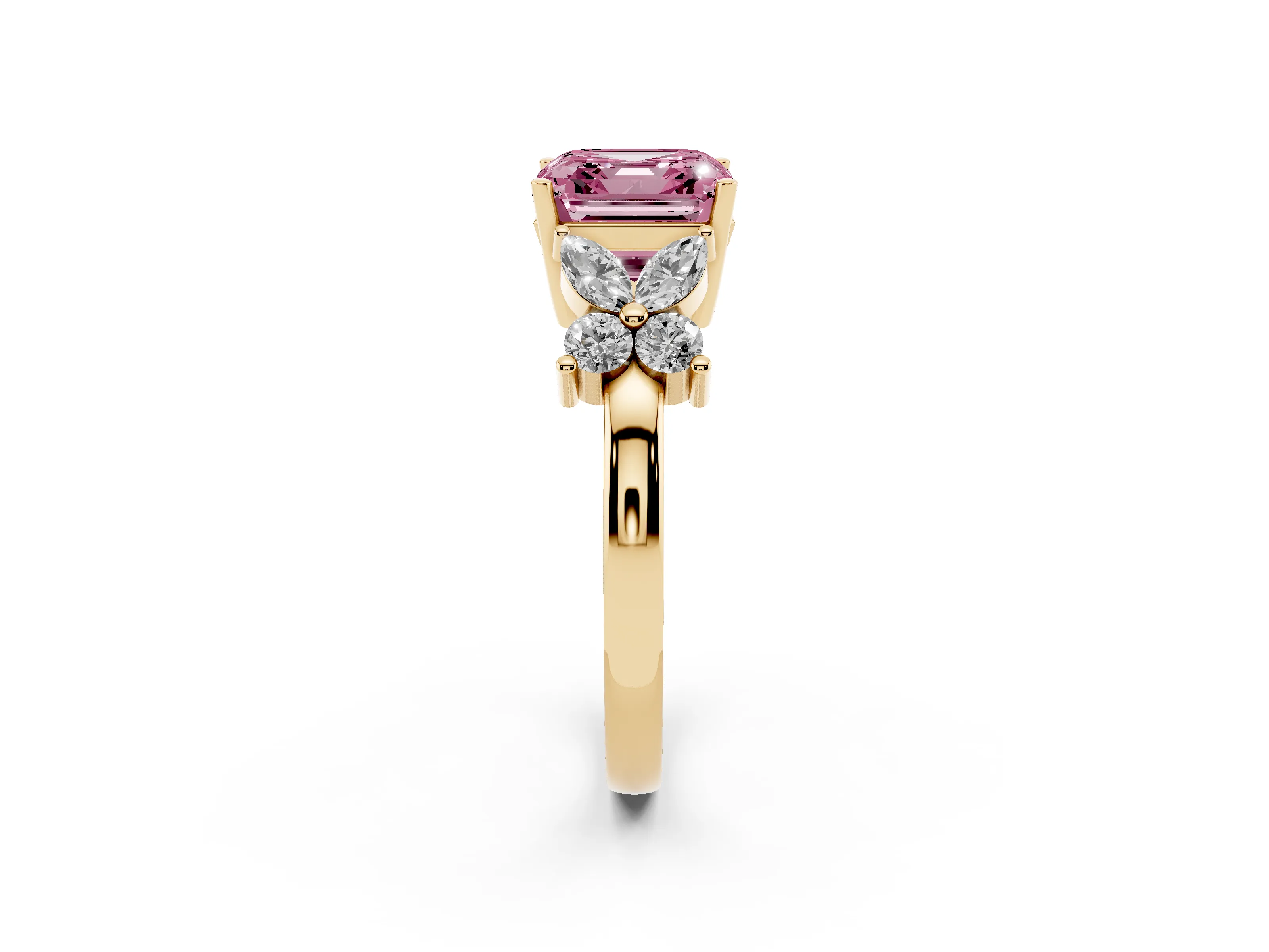 Fancy Pink Princess Cut Diamond Floral Cluster Ring Set in Yellow gold with Marquise Petals and Prong Setting