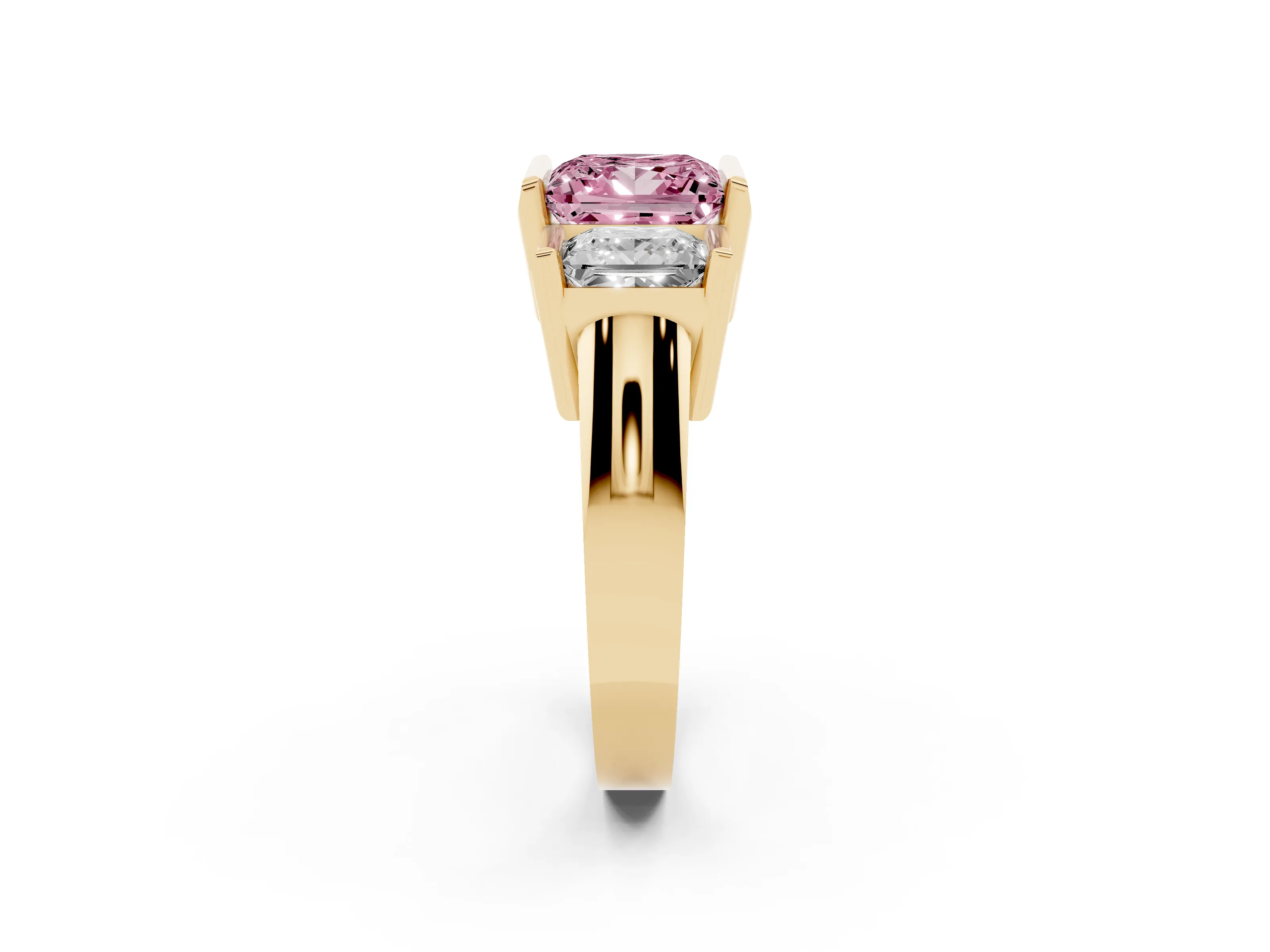 Fancy Pink Princess Cut Diamond Three-Stone Channel Set Ring Set in Yellow gold with Smooth Polished Band