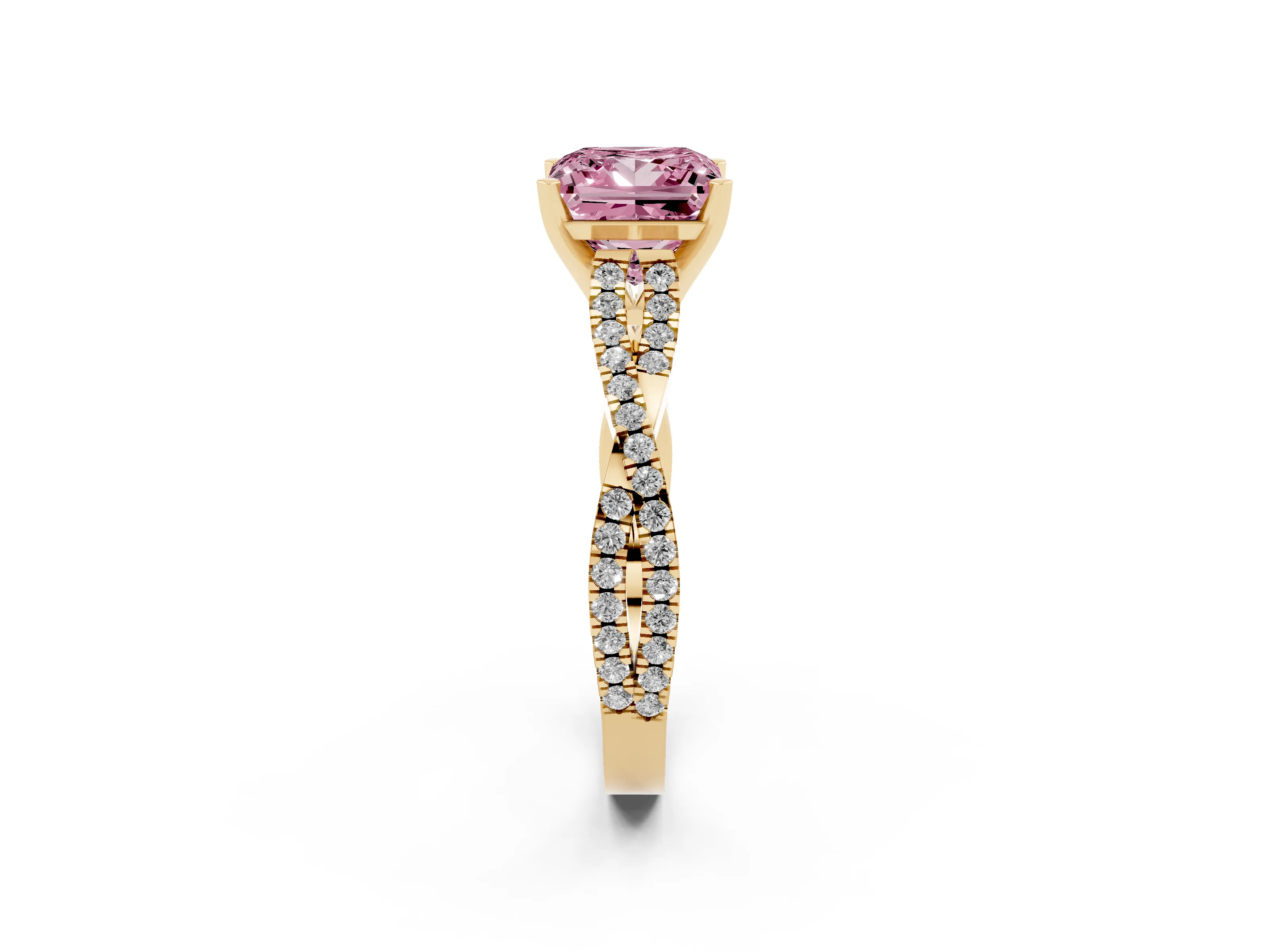 Fancy Pink Princess Cut Diamond Solitaire Engagement Ring Set in Yellow gold with Twisted Pavé Band and Prong Setting