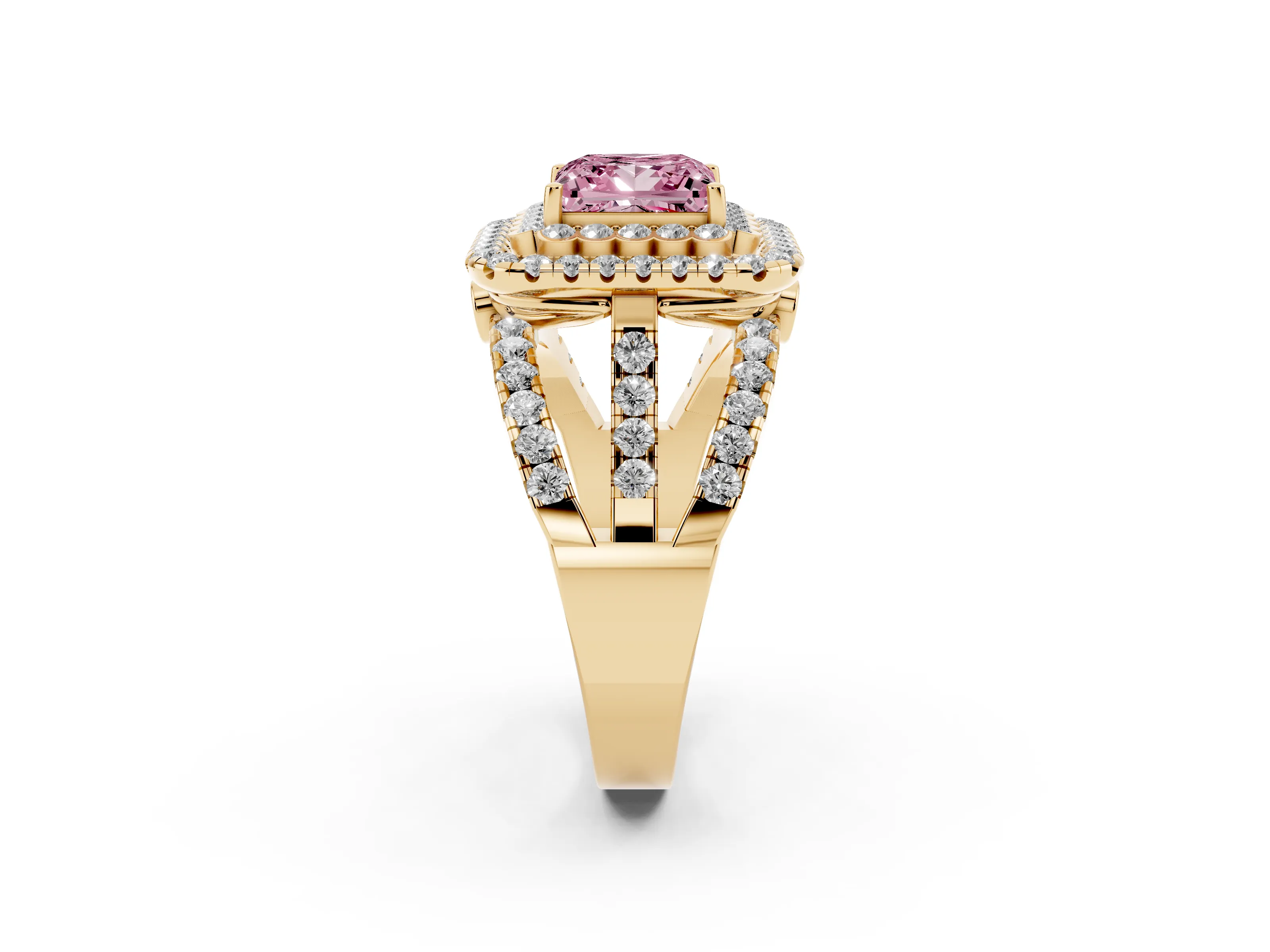 Fancy Pink Princess Cut Diamond Double Halo Ring Set in Yellow gold with Round Pavé Split Shank