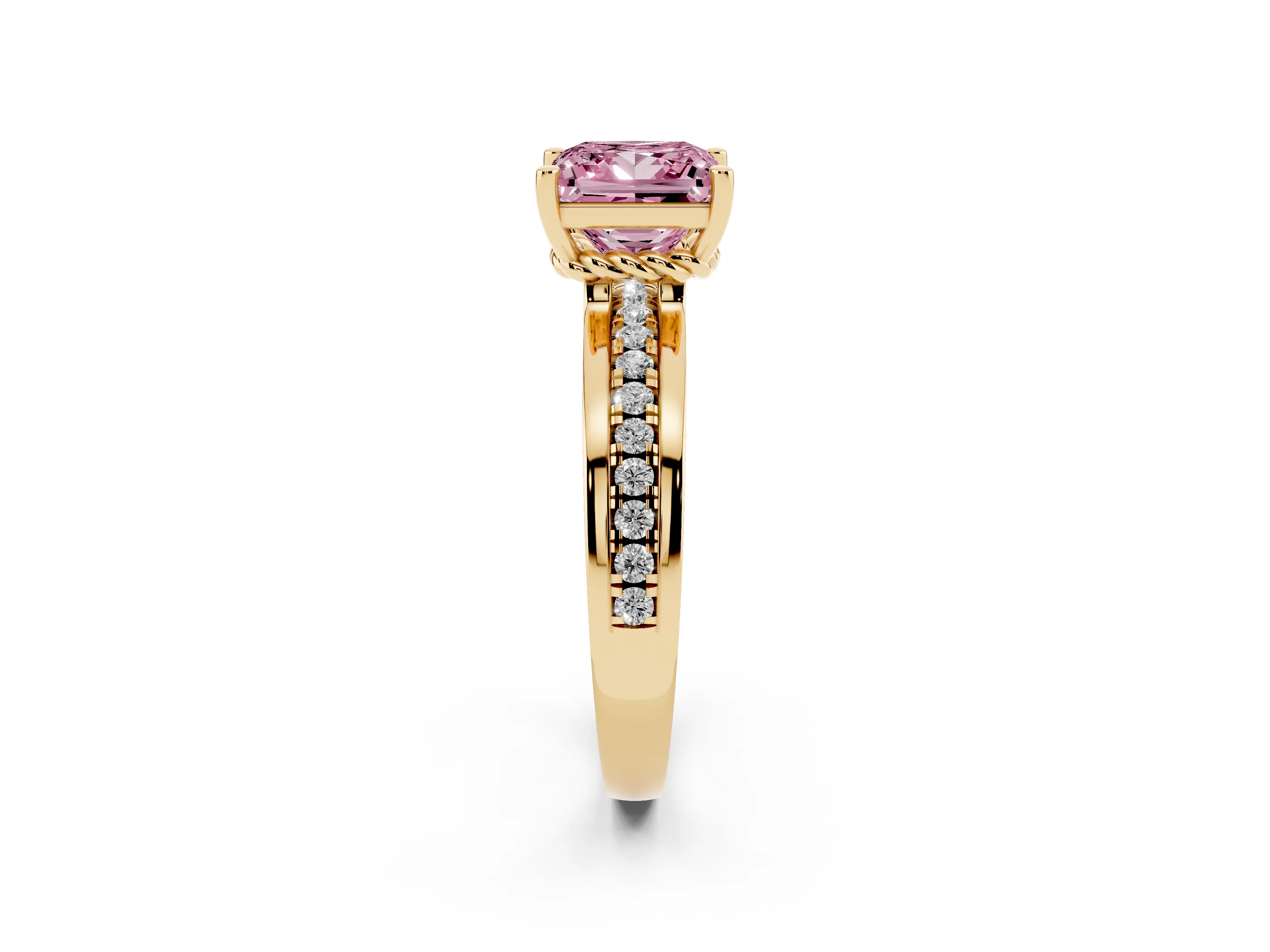 Fancy Pink Princess Cut Diamond Solitaire Ring Set in Yellow gold with Channel Set Band and Prong Setting