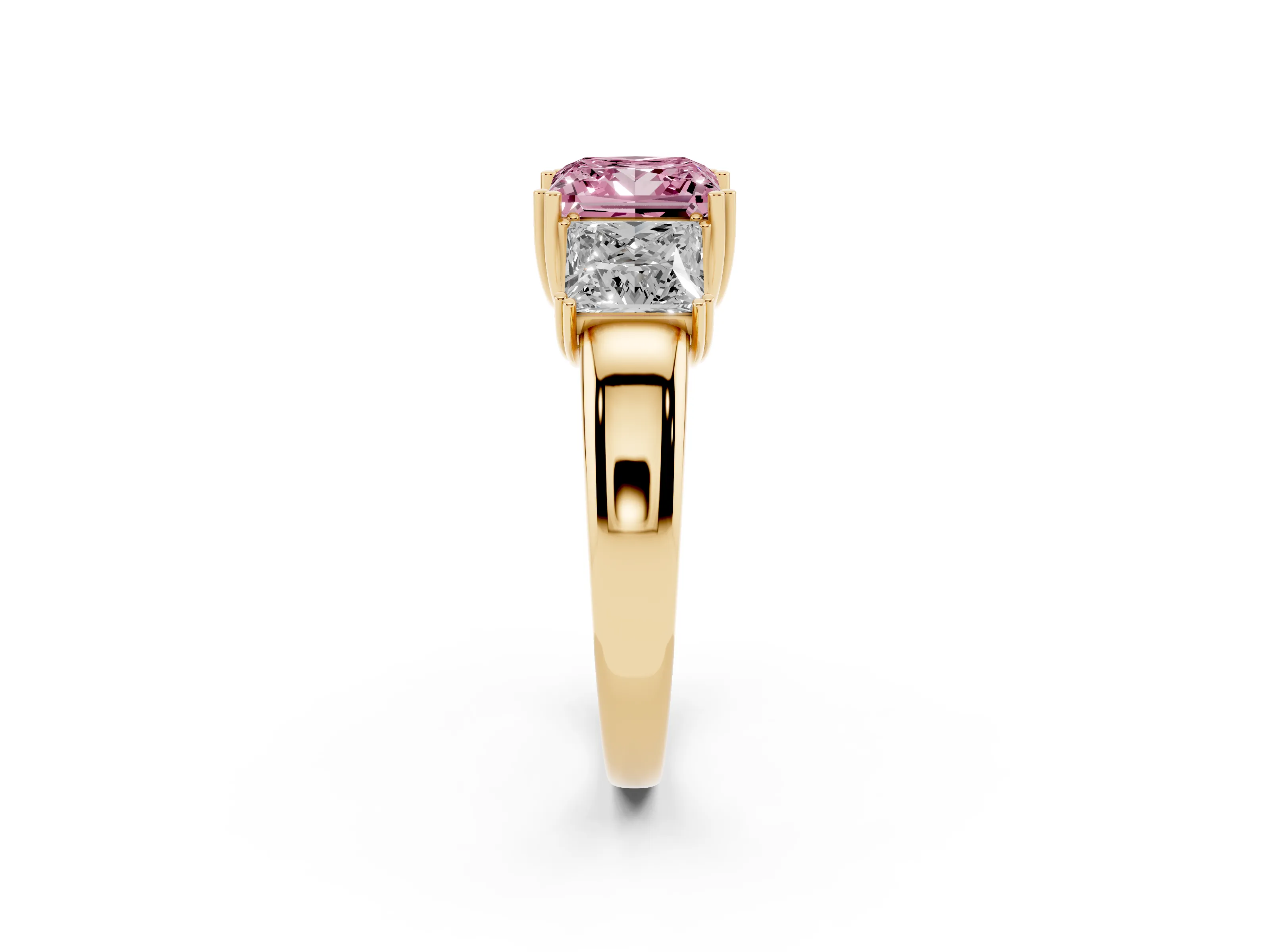 Fancy Pink Princess Cut Diamond Three-Stone Ring Set in Yellow gold with Polished Channel-Set Band