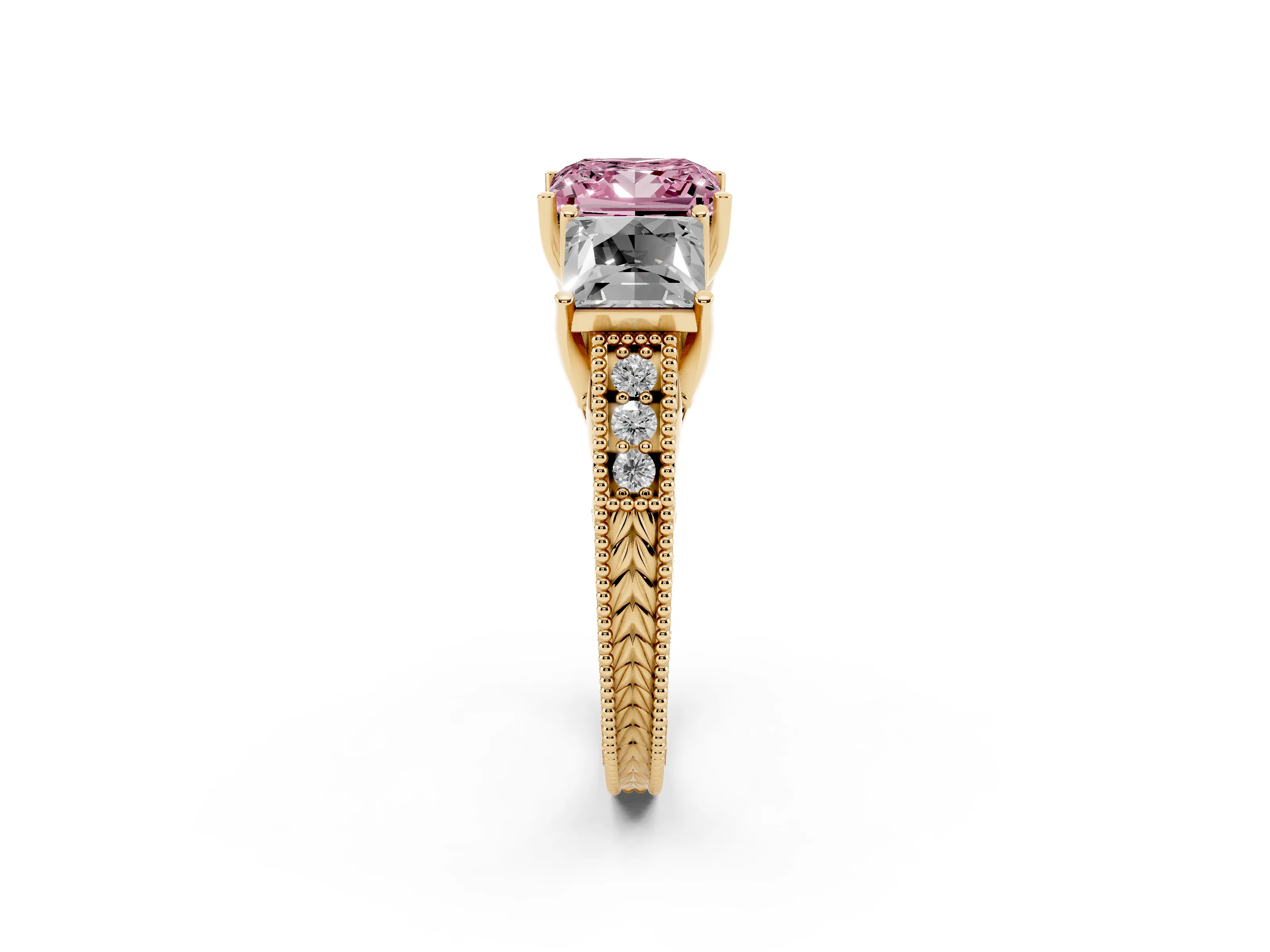 Fancy Pink Princess Cut Diamond Three-Stone Engagement Ring Set in Yellow gold with Milgrain Pavé Band
