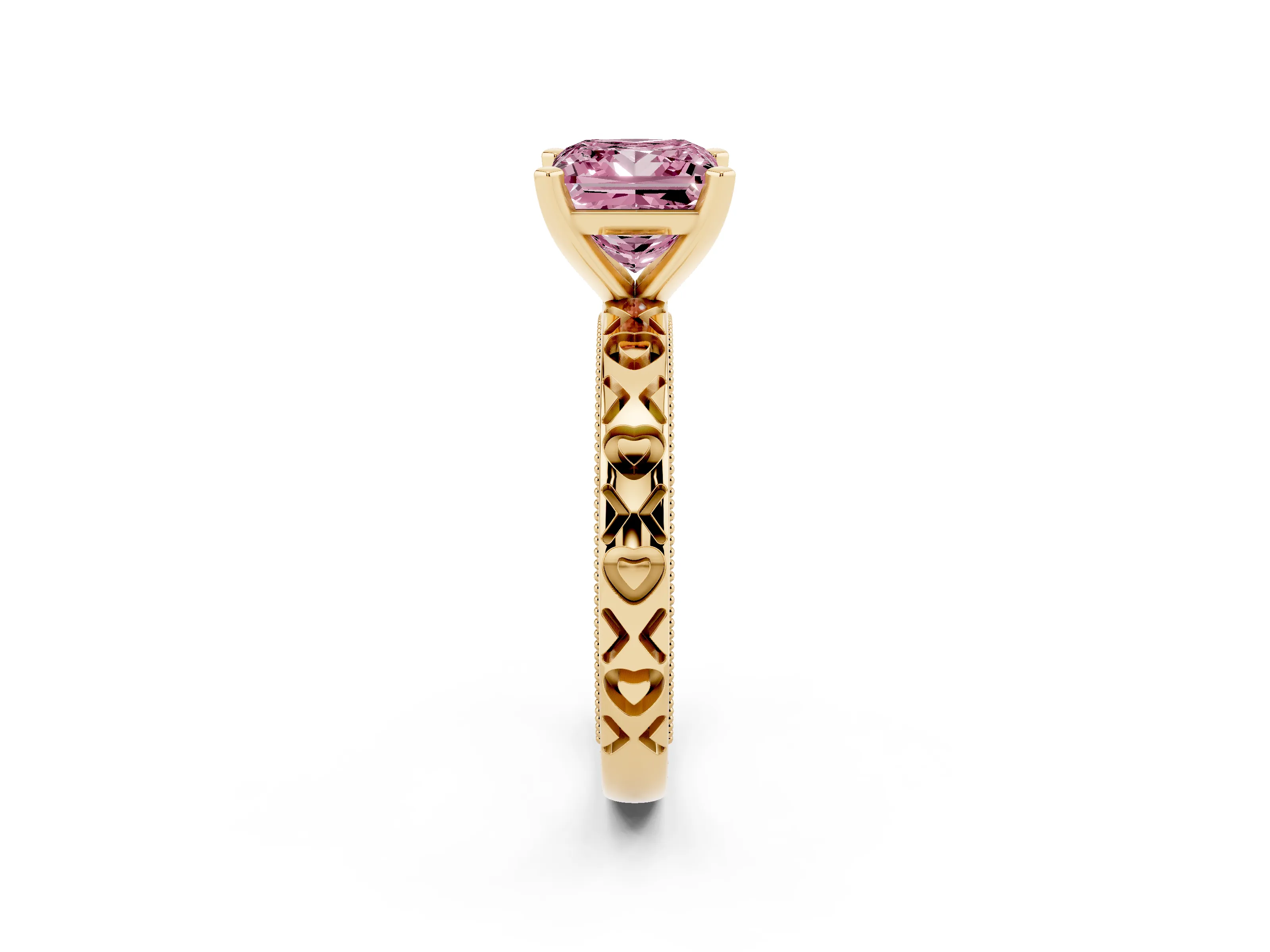 Fancy Pink Princess Cut Diamond Solitaire Engagement Ring Set in Yellow gold with XO Engraved Band and Prong Setting