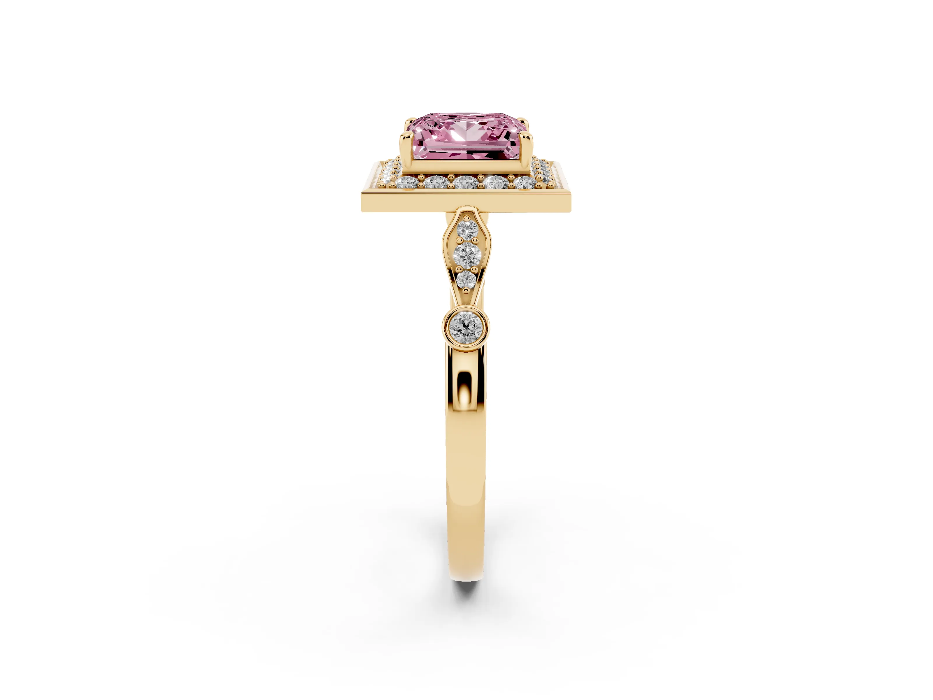 Fancy Pink Princess Cut Diamond Halo Engagement Ring Set in Yellow gold with Twisted Band and Prong Setting
