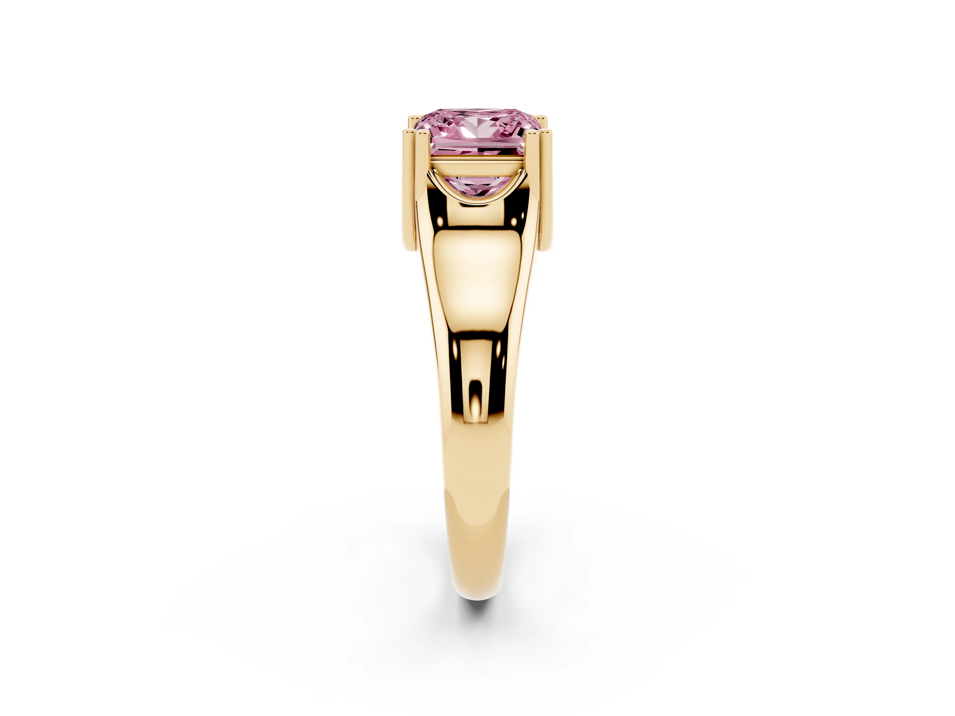 Fancy Pink Princess Cut Diamond Solitaire Ring Set in Yellow gold with Wide Band and Prong Setting