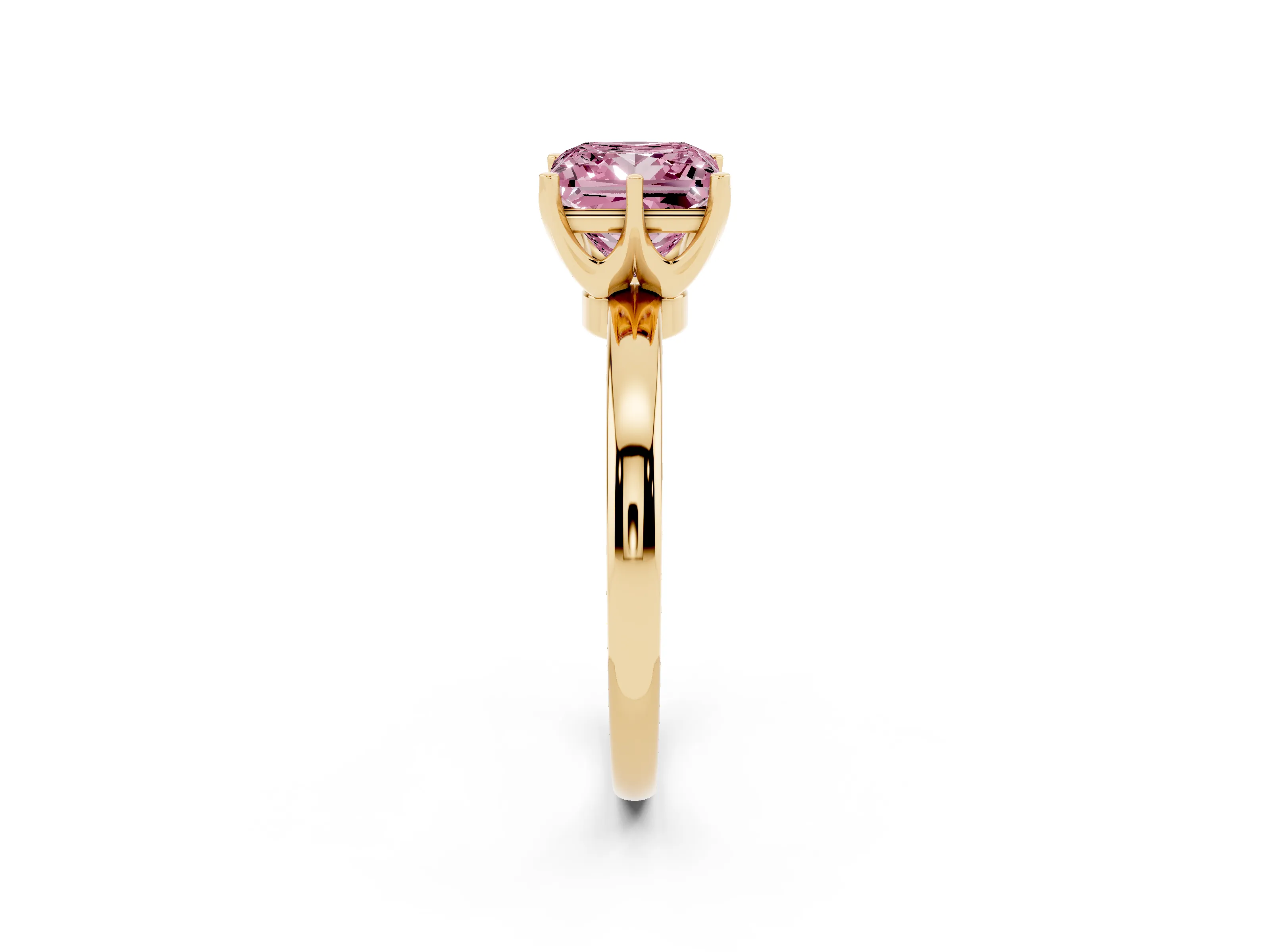 Fancy Pink Princess Cut Diamond Solitaire Ring Set in Yellow gold with Raised Prong Setting on a Classic Band