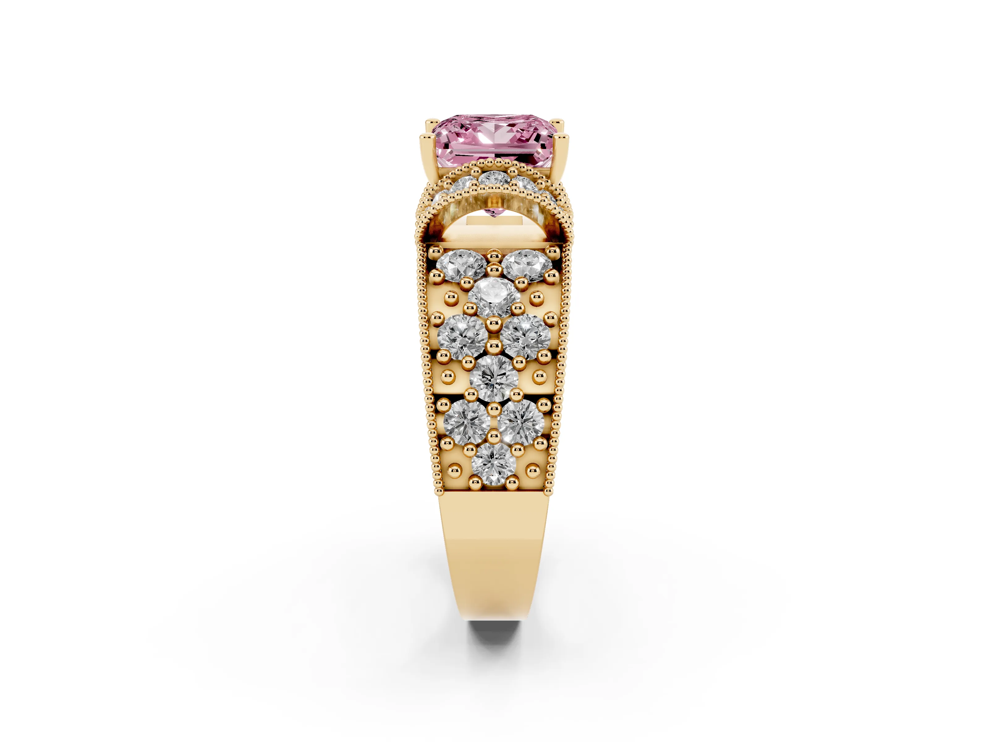Fancy Pink Princess Cut Diamond Milgrain Halo Pavé Engagement Ring Set in Yellow gold with Prong Setting