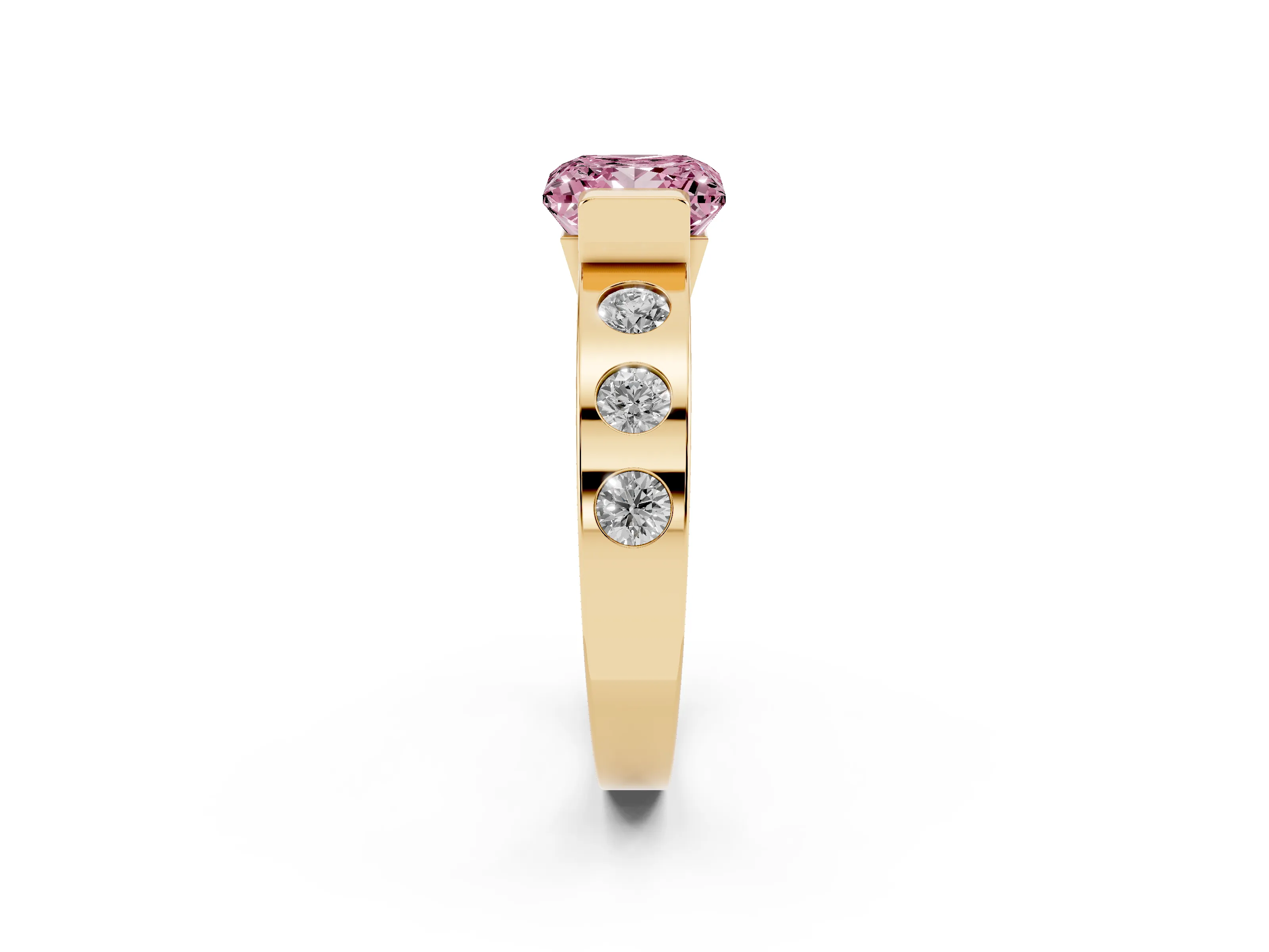 Fancy Pink Princess Cut Diamond Channel-Set Band Ring Set in Yellow gold with Bezel Prong Setting