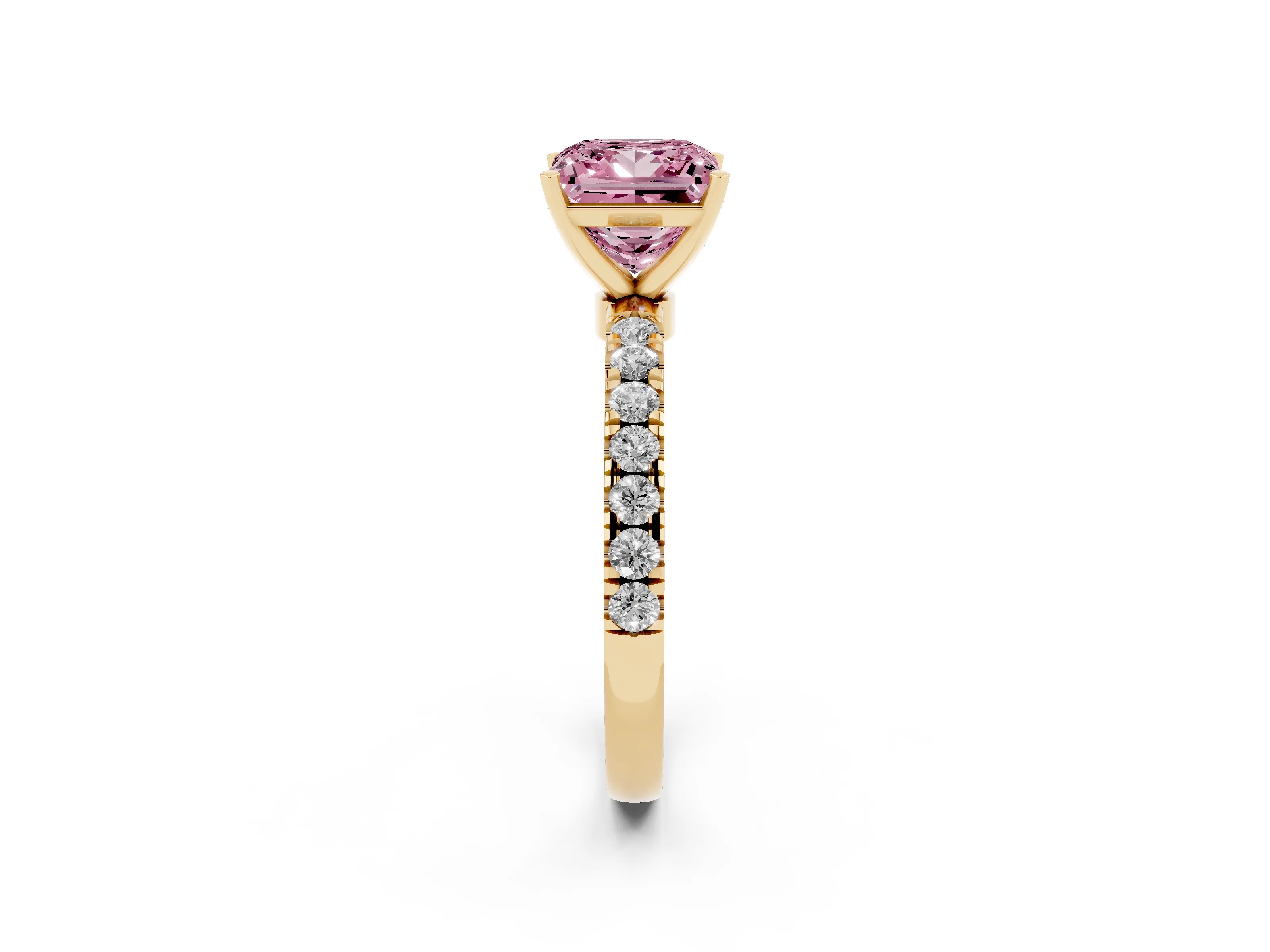Fancy Pink Princess Cut Diamond Solitaire Ring Set in Yellow gold with Pavé Accents and Prong Setting