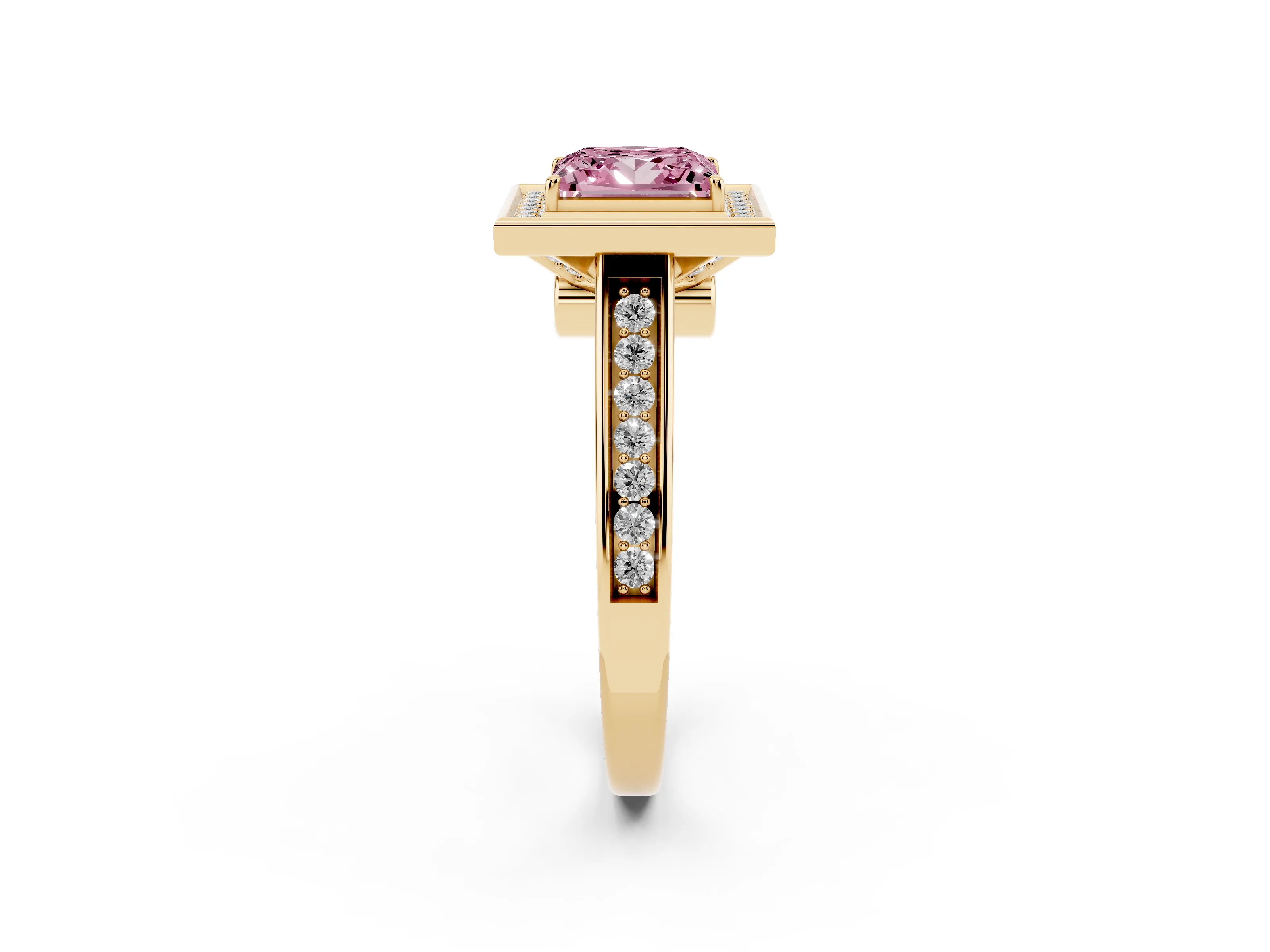 Fancy Pink Princess Cut Diamond Halo Solitaire Ring Set in Yellow gold with Pavé Band and Bezel Setting