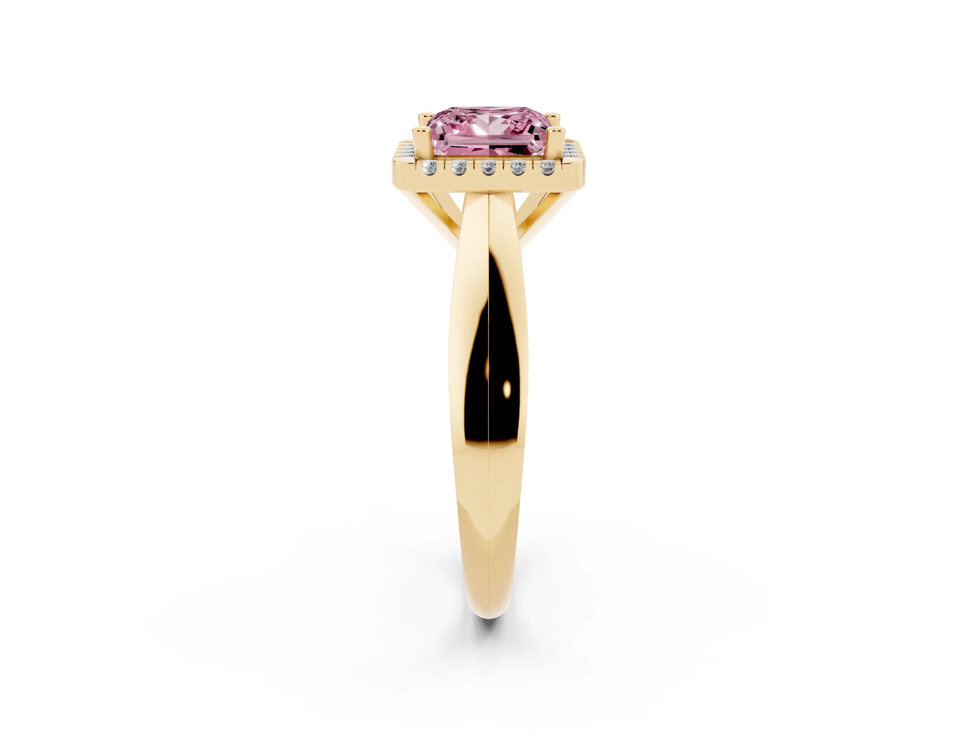 Fancy Pink Princess Cut Diamond Halo Solitaire Engagement Ring Set in Yellow gold with Square Band and Prong Setting