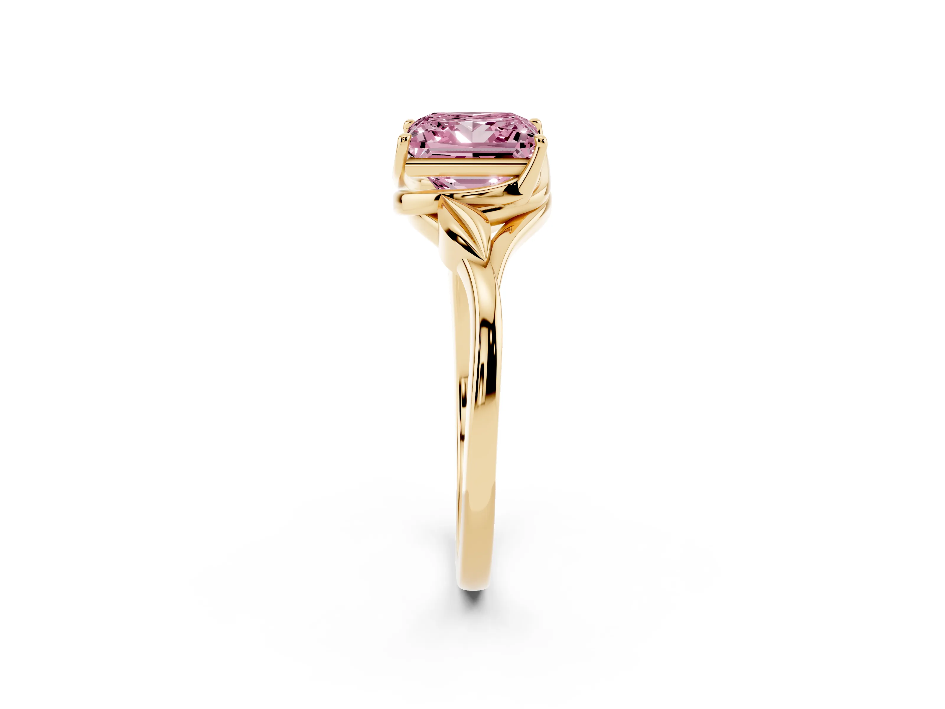 Fancy Pink Princess Cut Diamond Solitaire Ring Set in Yellow gold with Polished Twist Band