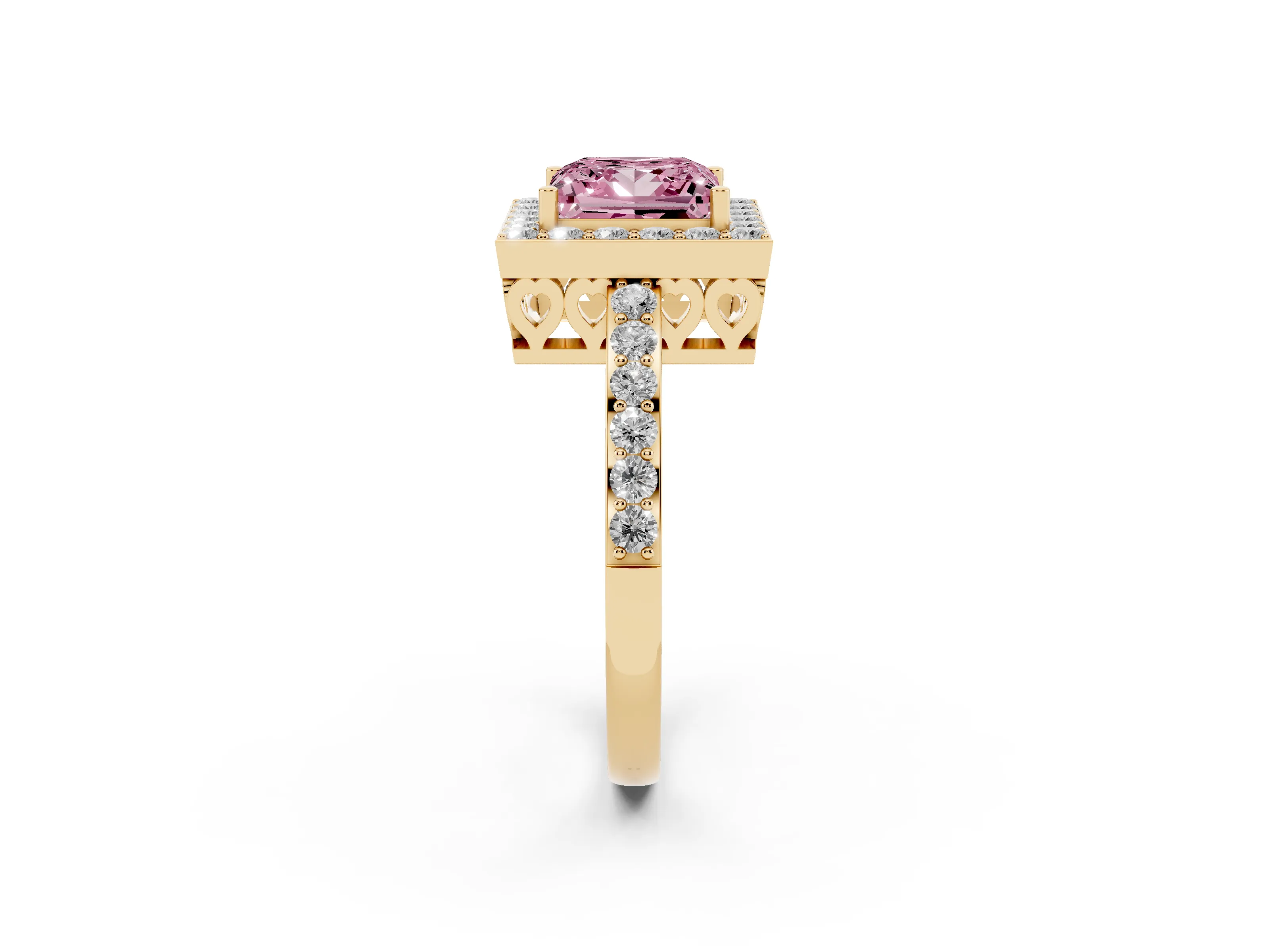 Fancy Pink Princess Cut Diamond Halo Ring Set in Yellow gold with Pavé-Setting Band and Open Prong Center
