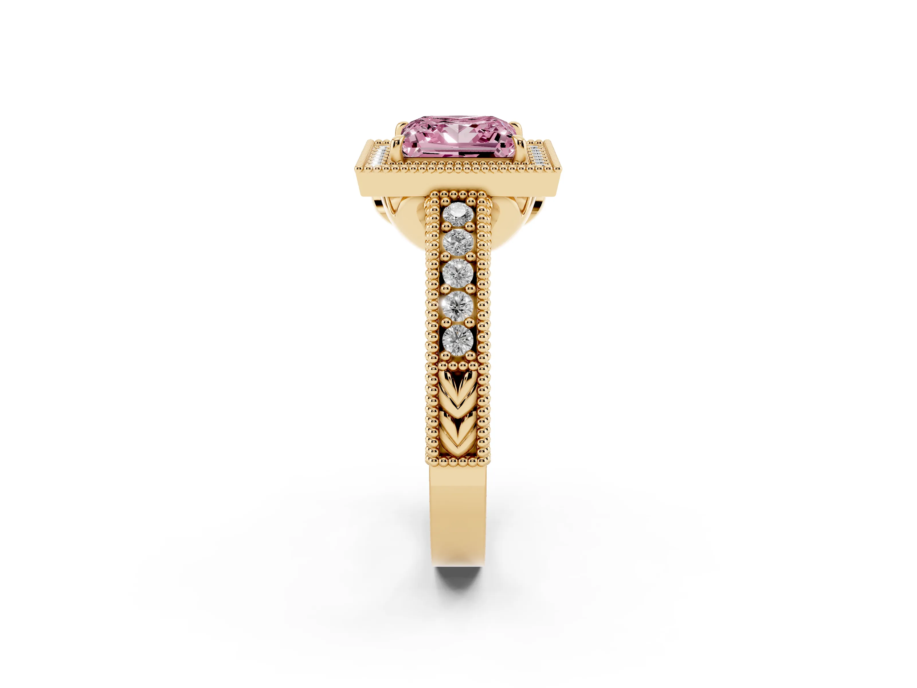Fancy Pink Princess Cut Diamond Halo Ring Set in Yellow gold with Round Accent Halo, Pavé Band and Prong Setting