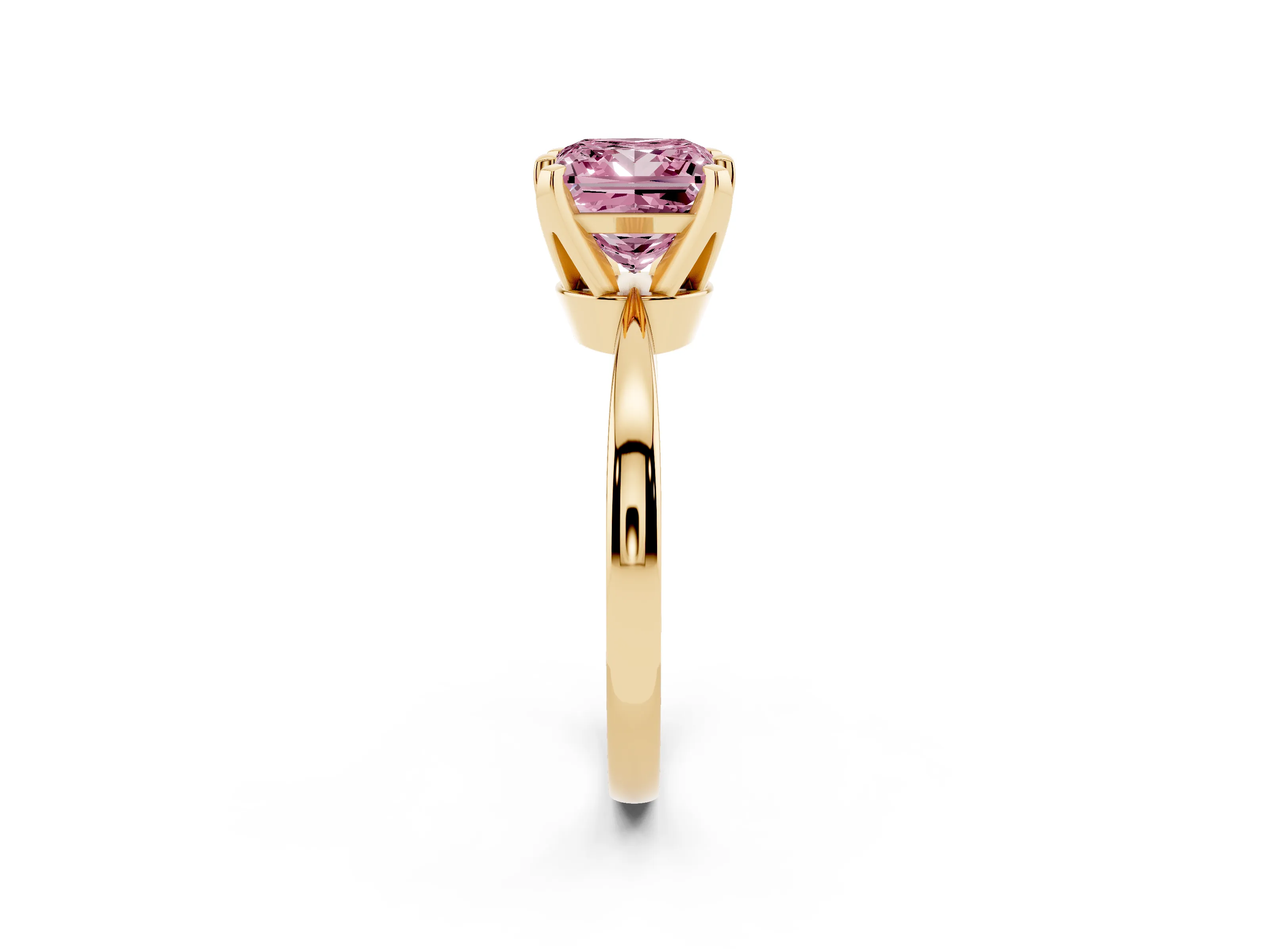 Fancy Pink Princess Cut Diamond Solitaire Engagement Ring Set in Yellow gold with Slim Tapered Solitaire Band