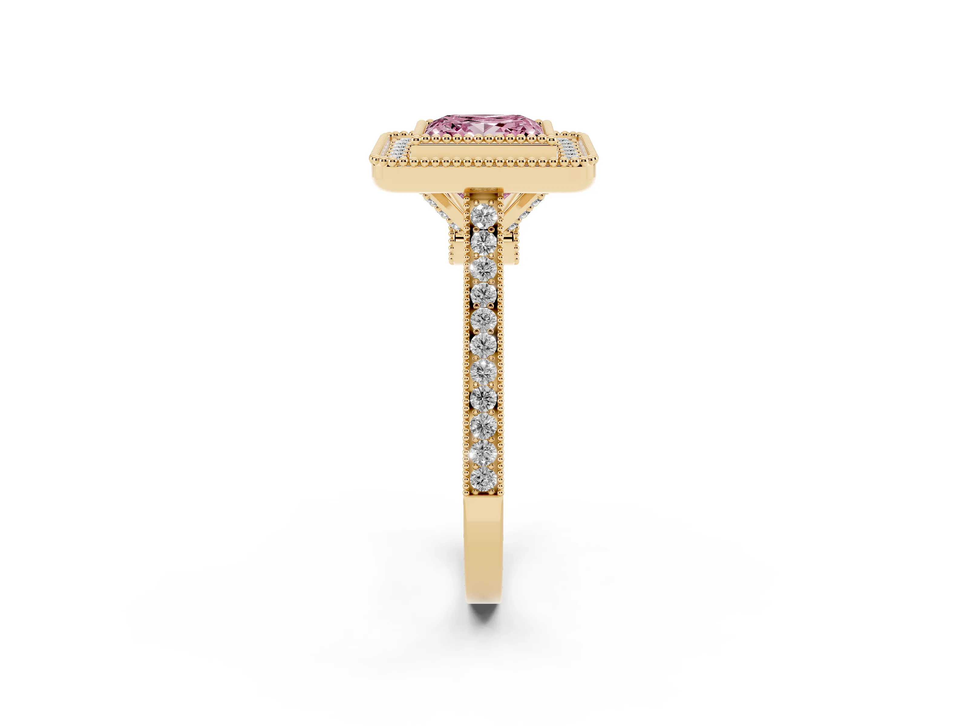 Fancy Pink Princess Cut Diamond Halo Ring Set in Yellow gold with Milgrain Frame and Pavé Band