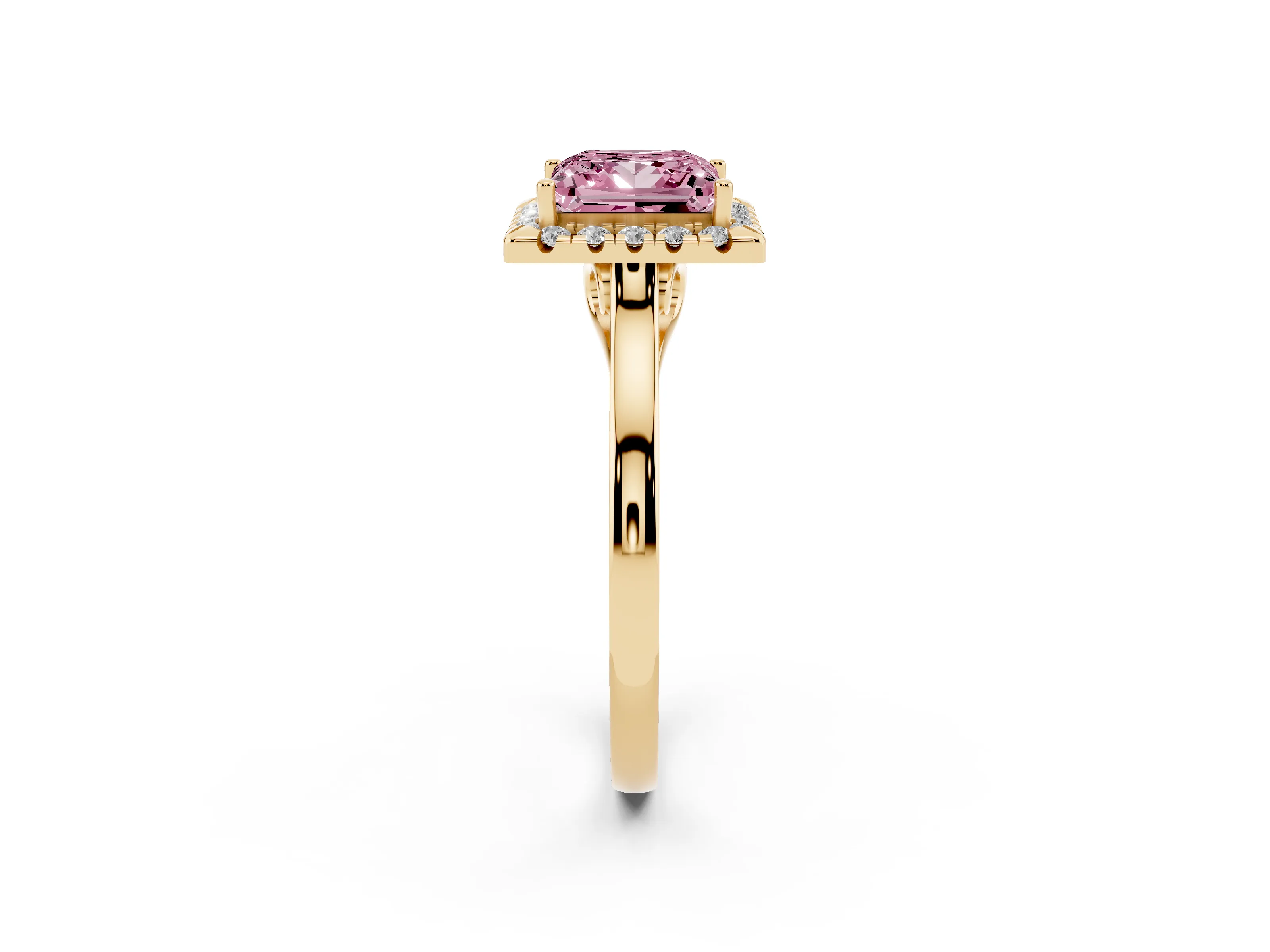 Fancy Pink Princess Cut Halo Round Diamond Solitaire Ring Set in Yellow gold with Pavé Band and Prong Setting