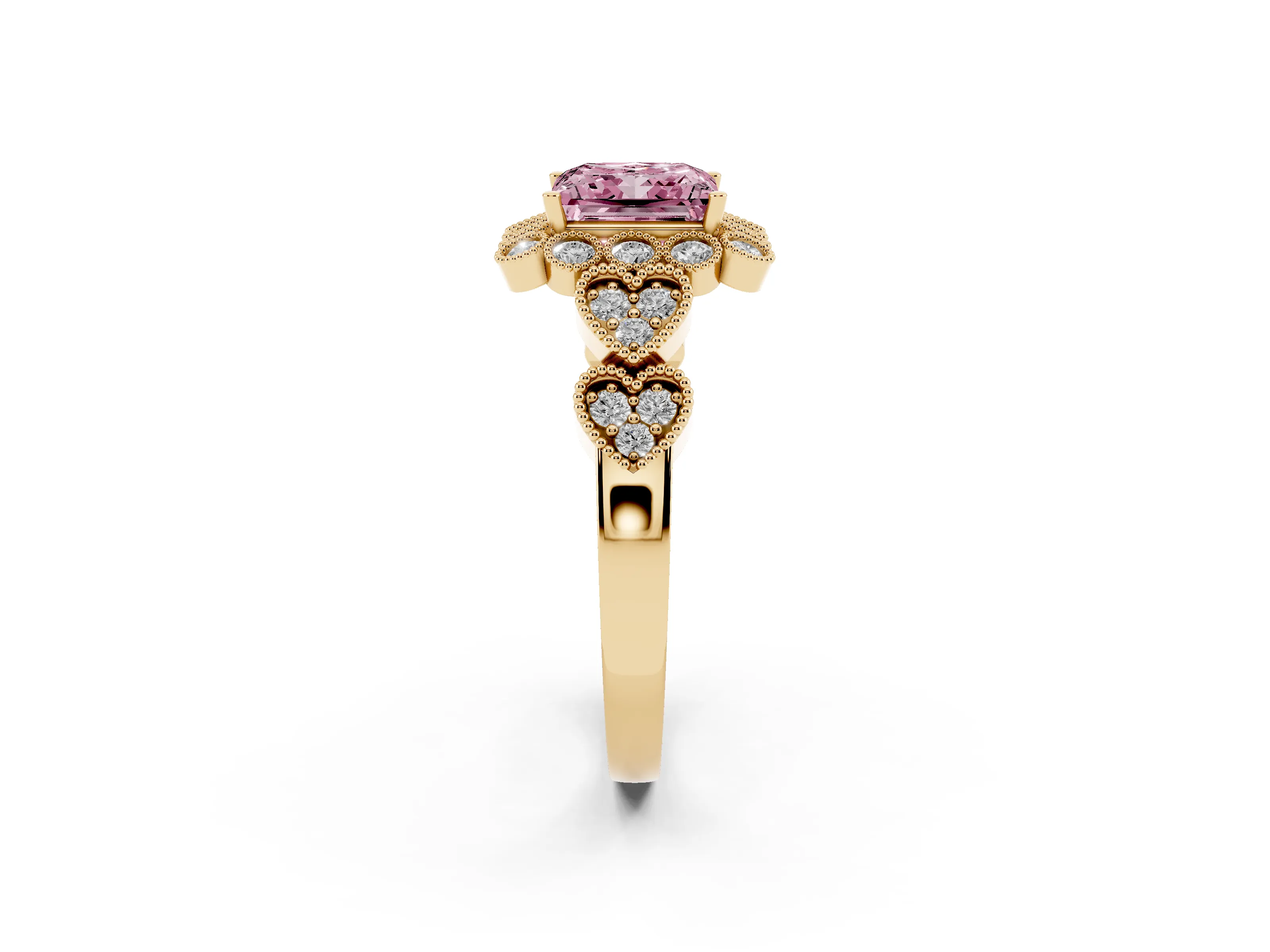 Fancy Pink Princess Cut Diamond Solitaire Ring Set in Yellow gold with Milgrain Pavé Heart Band
