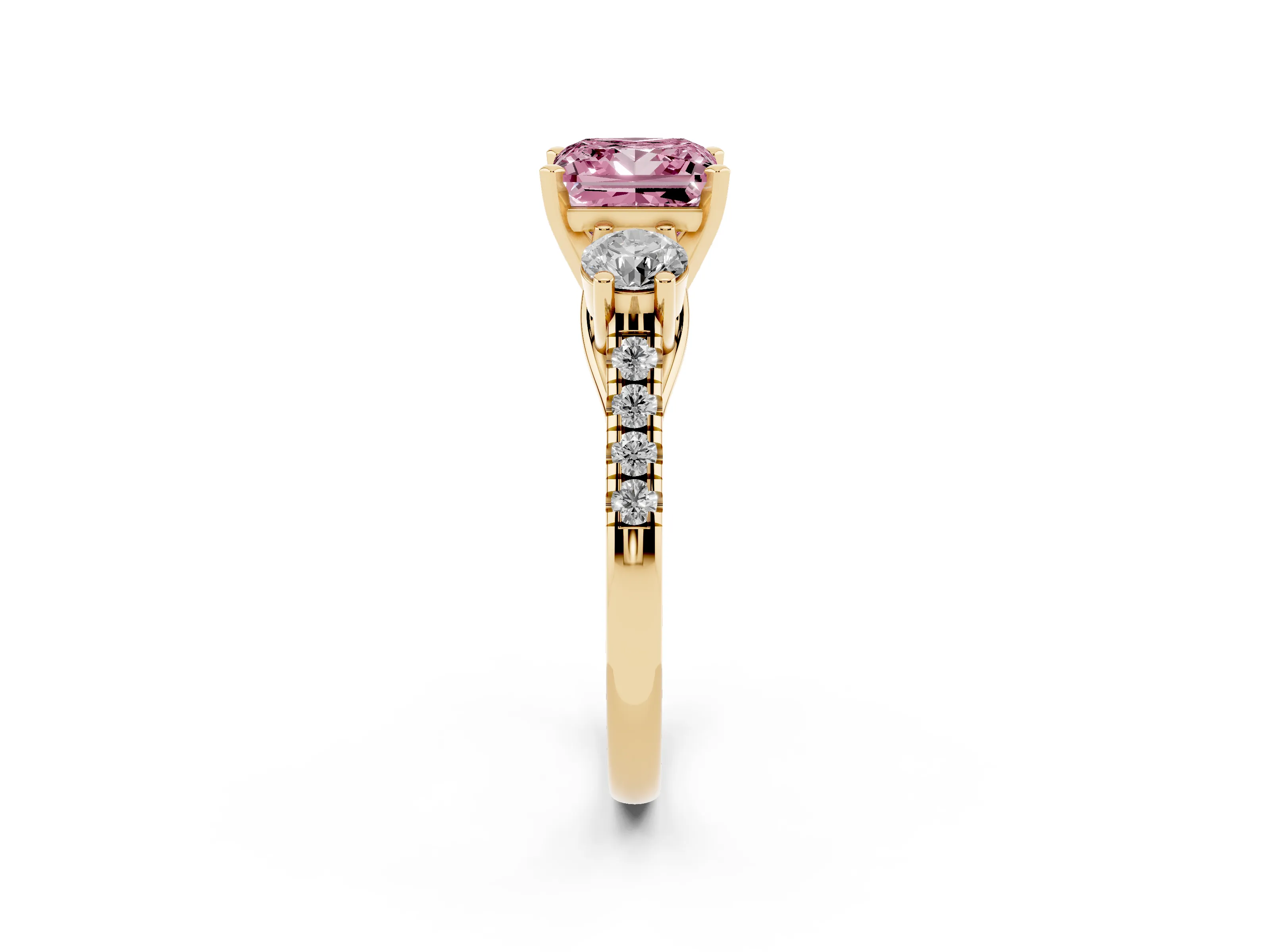 Fancy Pink Three-Stone Princess Cut Diamond Pavé Band Ring Set in Yellow gold with Prong-Set Trio