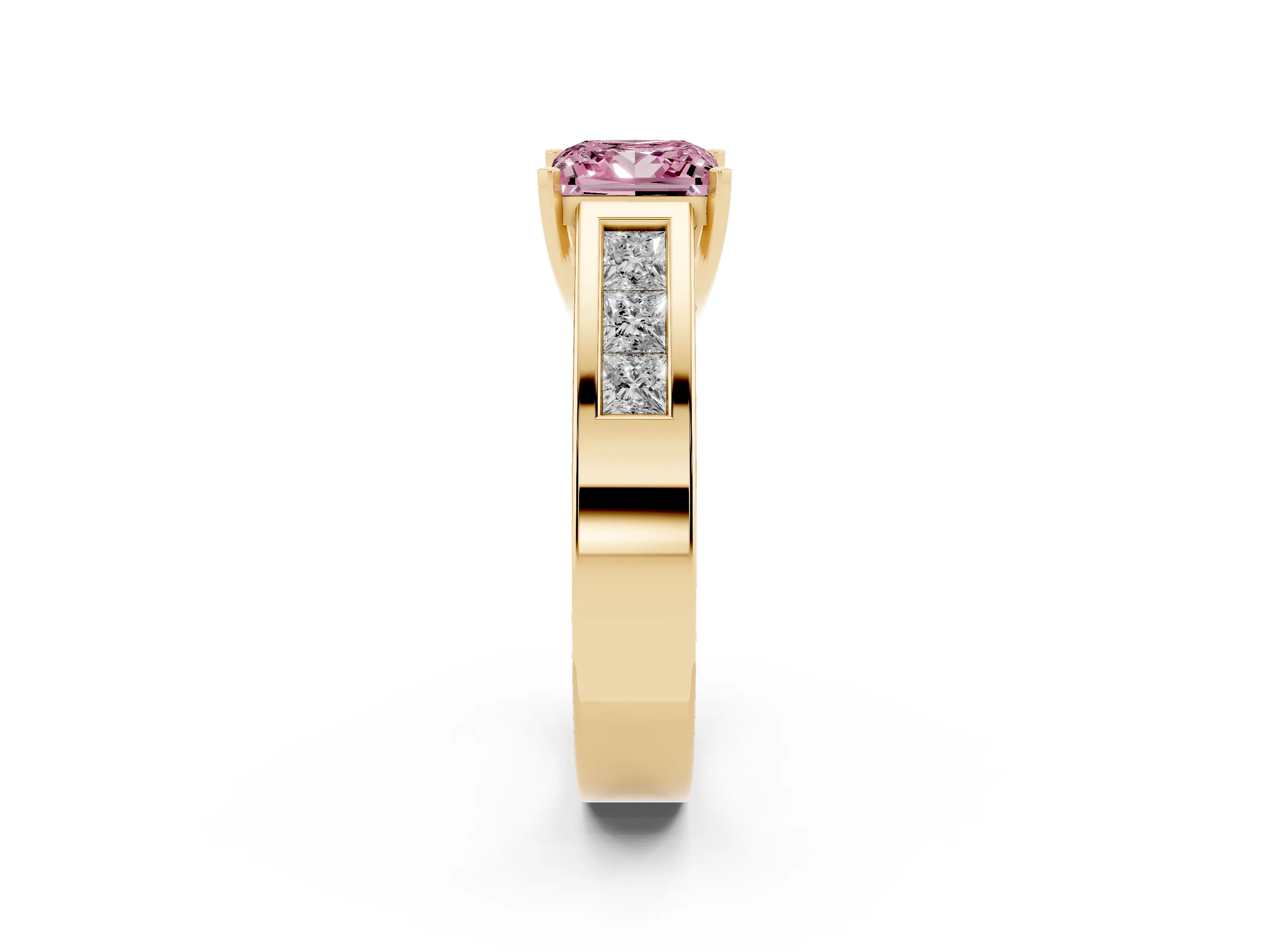Fancy Pink Princess Cut Diamond Solitaire Ring Set in Yellow gold with Channel-Set Accent Stones and Prong Setting