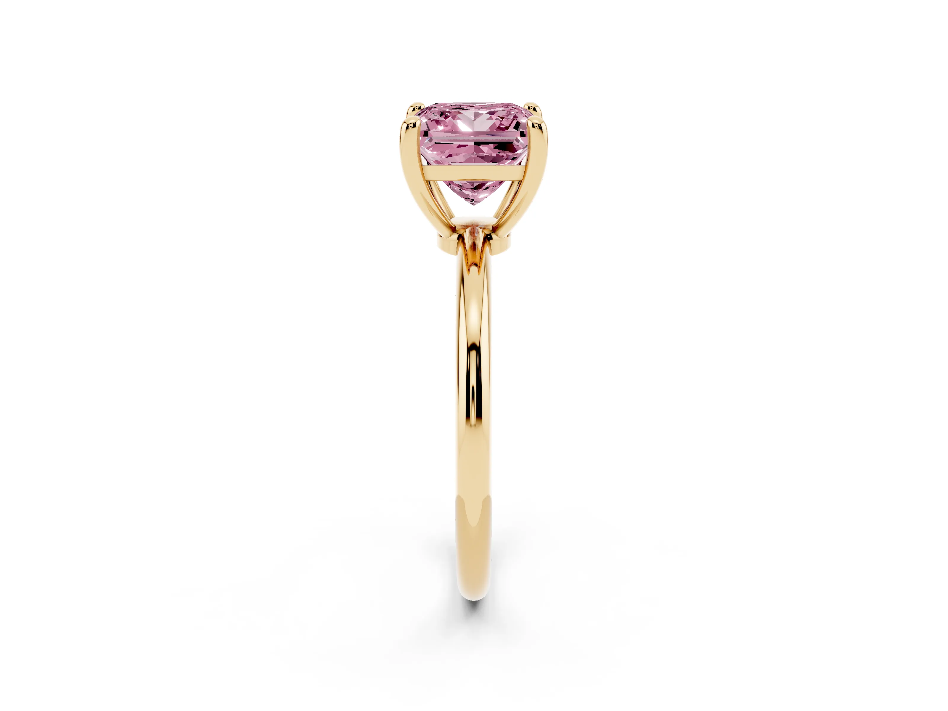 Fancy Pink Princess Cut Diamond Solitaire Ring Set in Yellow gold with Secure Prong Setting on a Classic Band