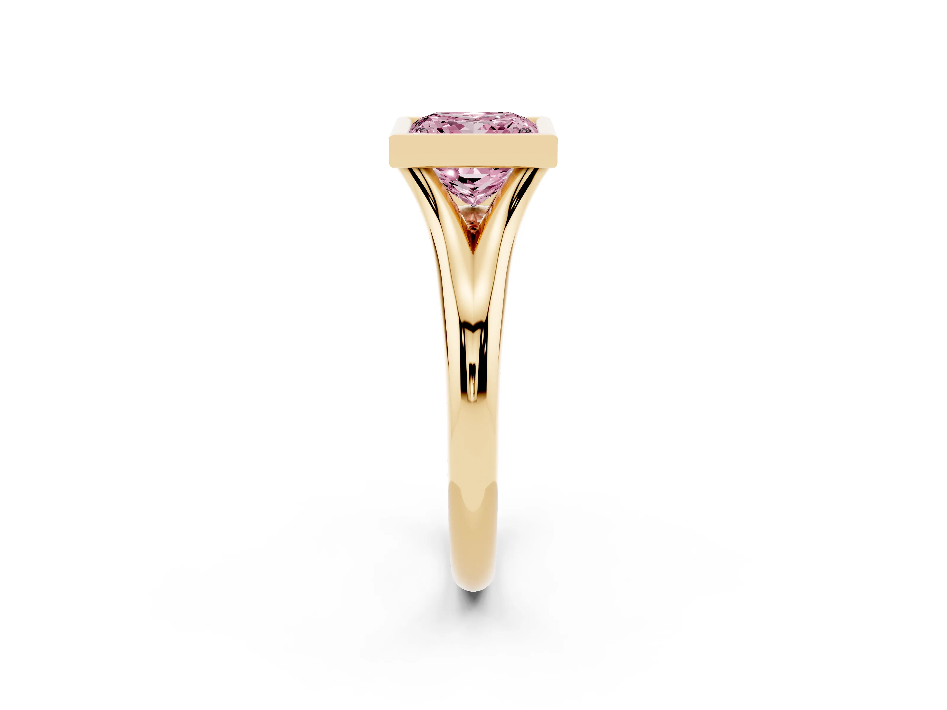 Fancy Pink Bezel Set Princess Cut Diamond Solitaire Ring Set in Yellow gold with Smooth Band