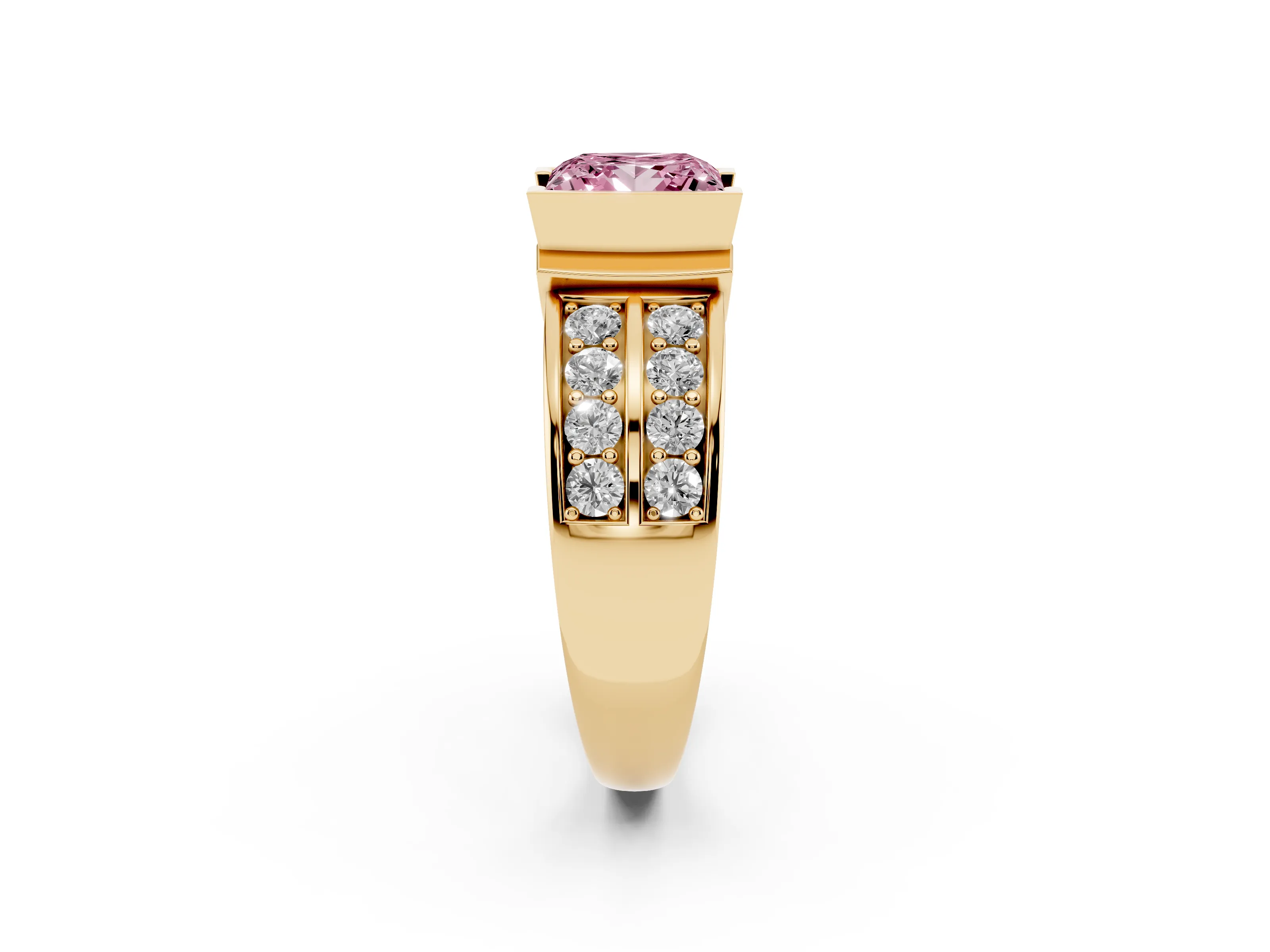 Fancy Pink Princess Cut Diamond Wide Channel Set Band Ring Set in Yellow gold with Bezel Setting