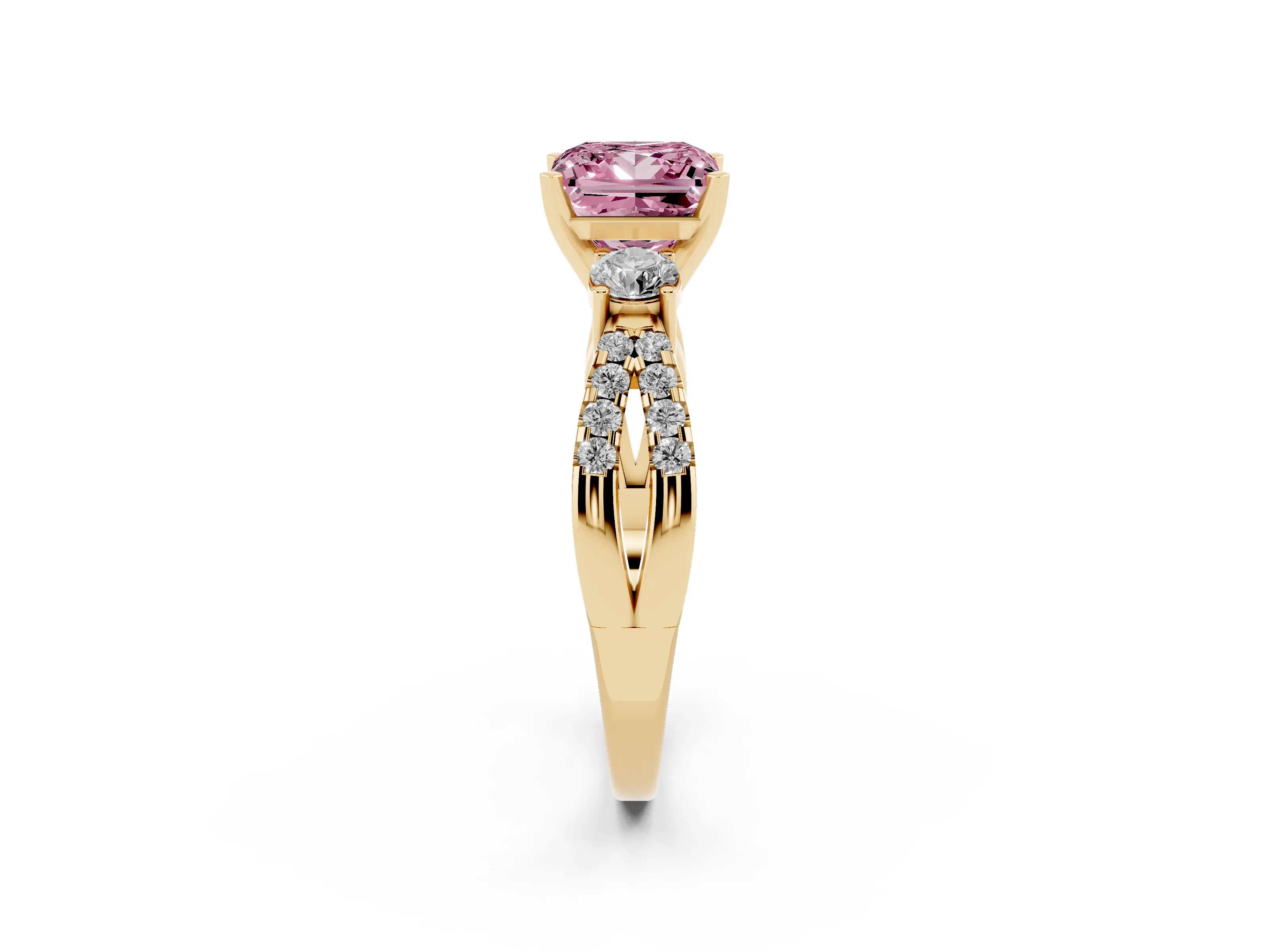 Fancy Pink Princess Cut Diamond Three-Stone Ring Set in Yellow gold with Pavé Split Shank and Prong Setting