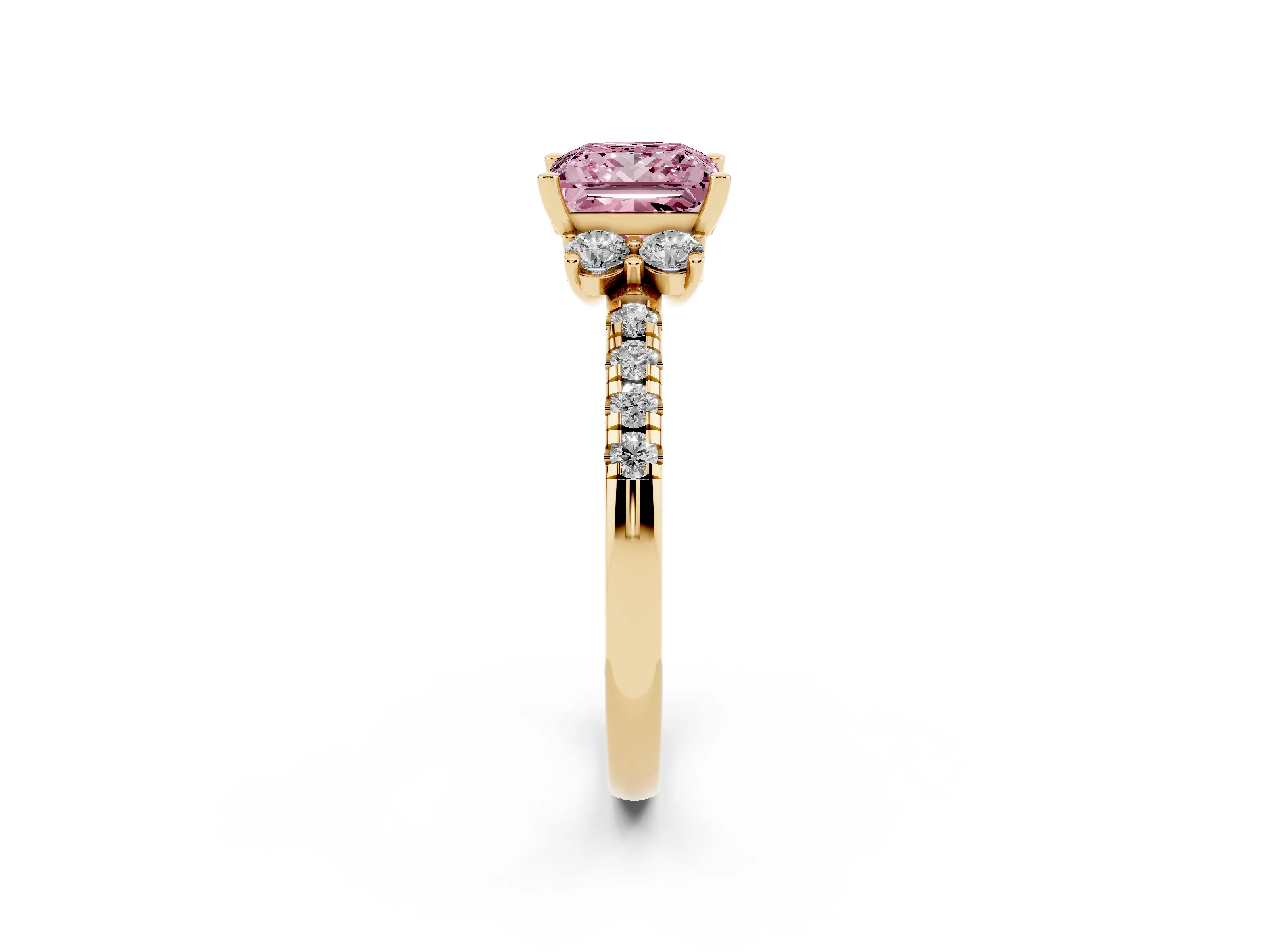 Fancy Pink Princess Cut Diamond Three-Stone Pavé Ring Set in Yellow gold with Prong Setting