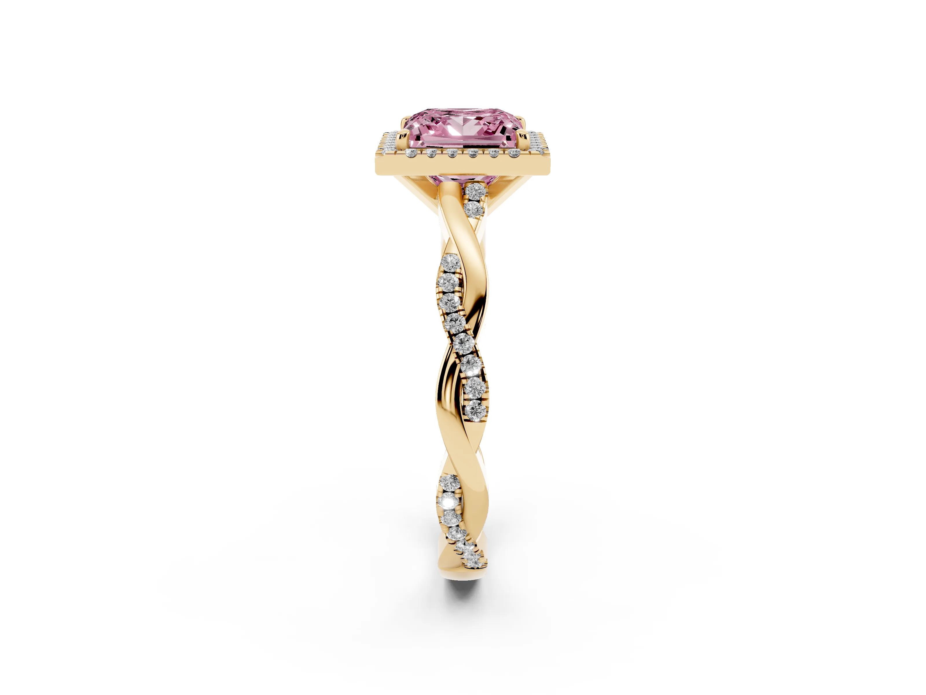 Fancy Pink Princess Cut Diamond Halo Twisted Band Ring Set in Yellow gold with Prong Setting