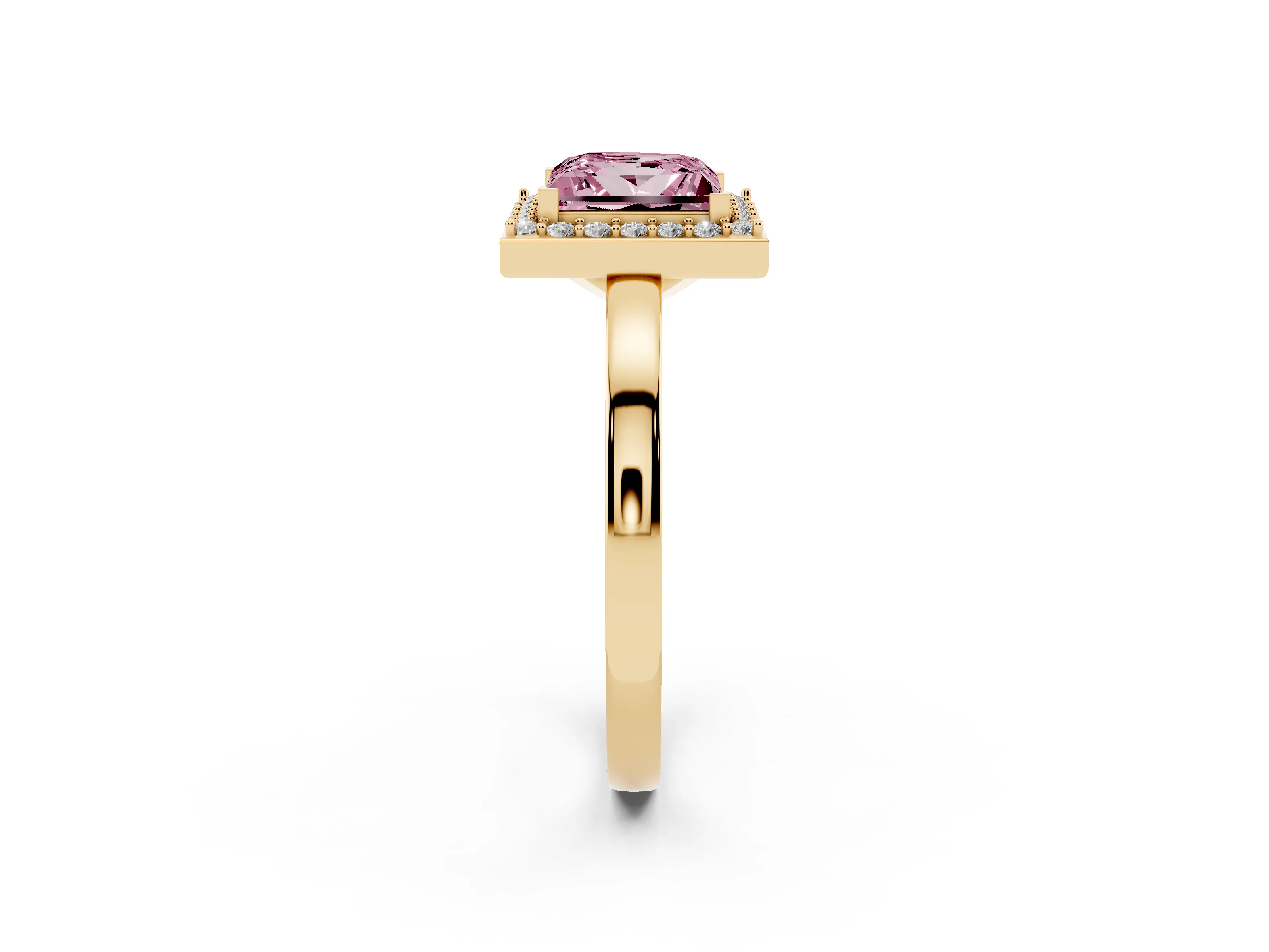Fancy Pink Princess Cut Diamond Halo Ring Set in Yellow gold with Solitaire Band and Prong Setting