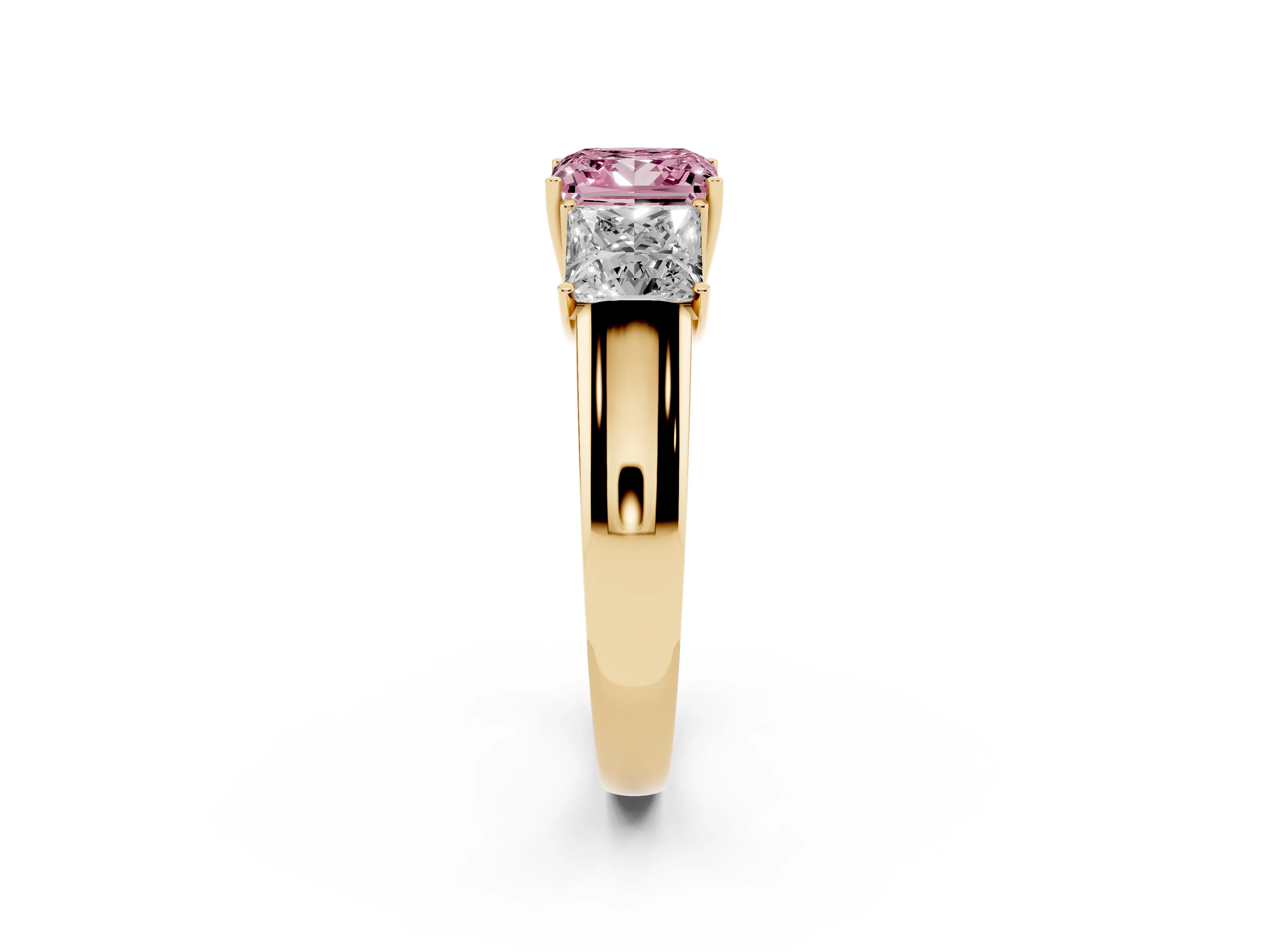 Fancy Pink Three-Stone Princess Cut Diamond Ring Set in Yellow gold with Matching Prong Settings and Plain Band
