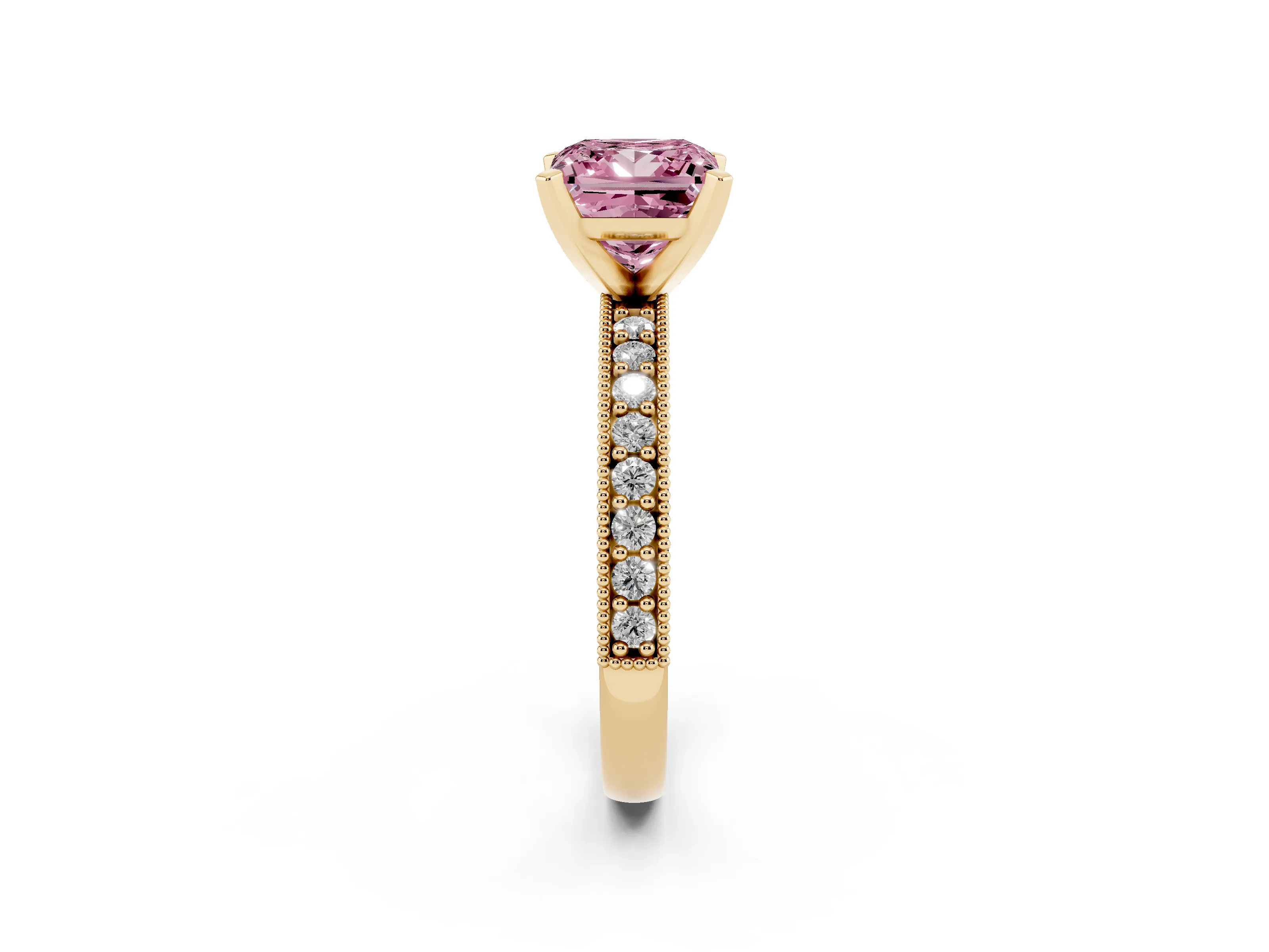 Fancy Pink Princess Cut Diamond Milgrain Pavé Engagement Ring Set in Yellow gold with Prong Setting