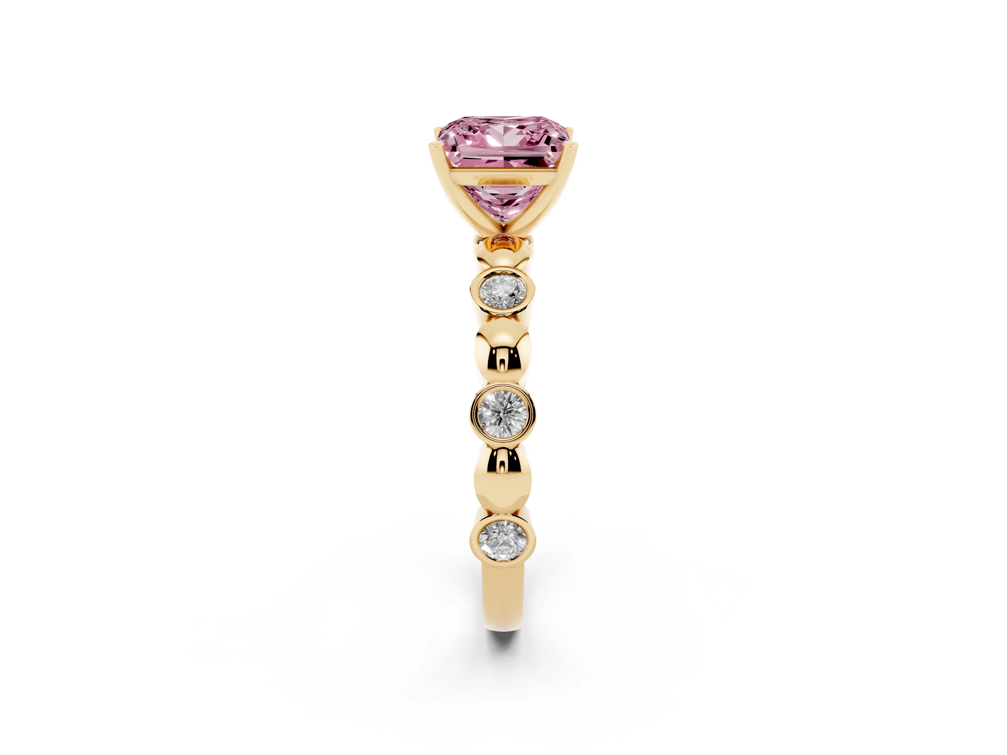Fancy Pink Princess Cut Diamond Solitaire Ring Set in Yellow gold with Bezel-Set Accents on Beaded Band and Prong Setting