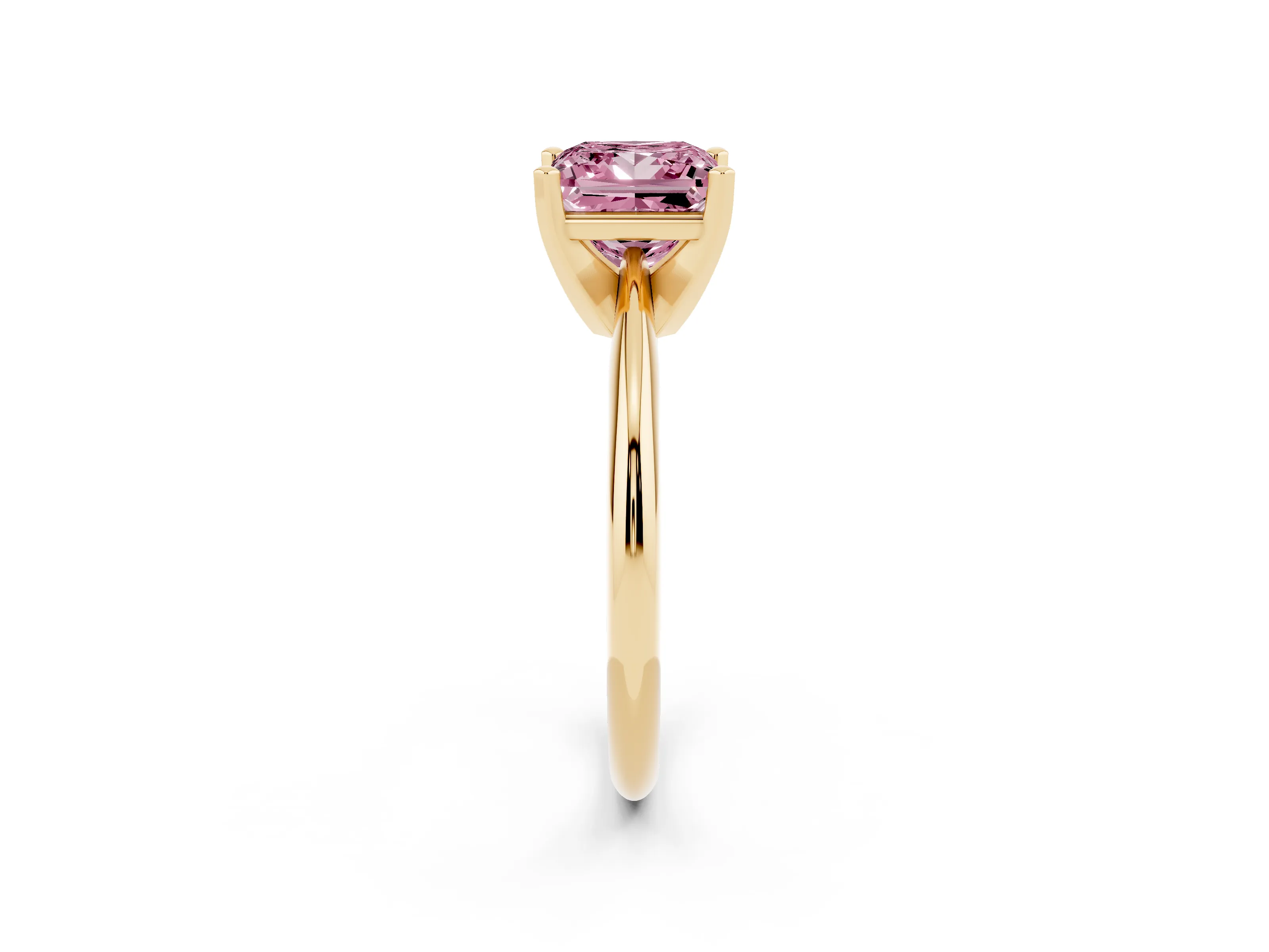 Fancy Pink Princess Cut Diamond Solitaire Ring Set in Yellow gold with Prong Setting on a Plain Round Band