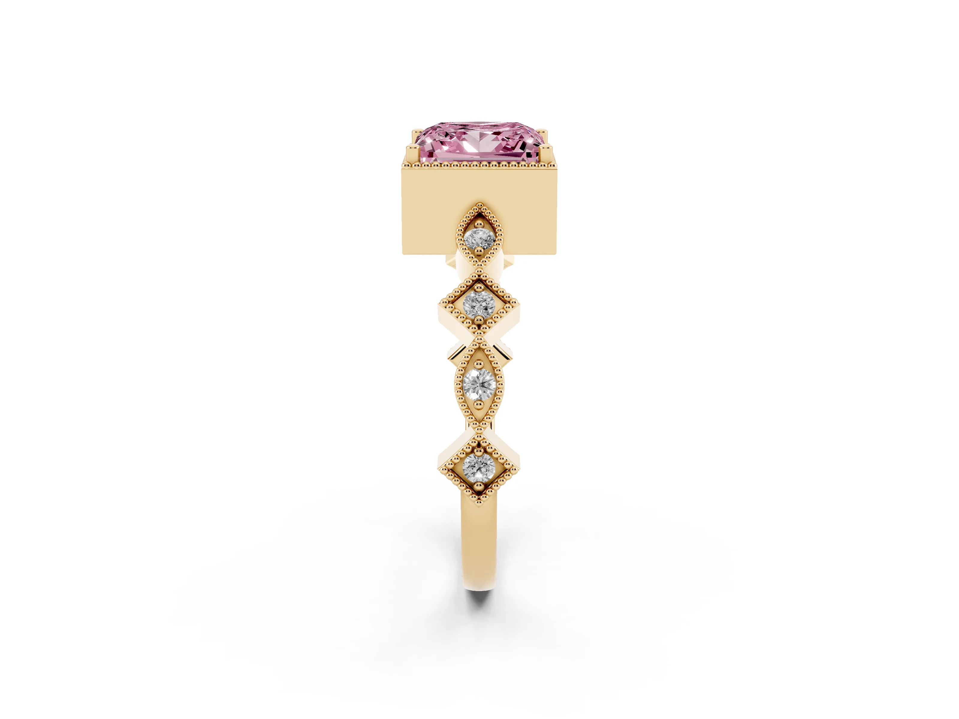 Fancy Pink Princess Cut Diamond Milgrain Marquise Twist Band Ring Set in Yellow gold with Prong Setting