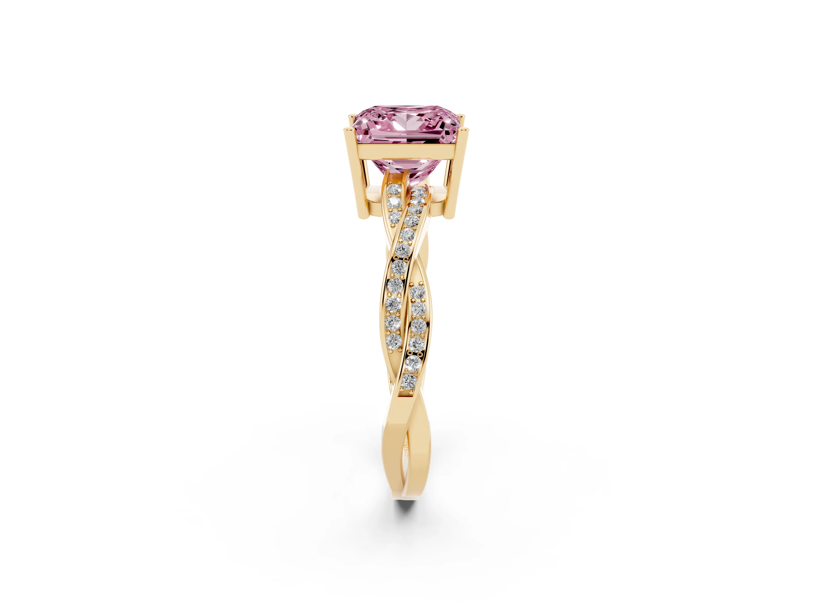 Fancy Pink Princess Cut Diamond Solitaire Twisted Pavé Ring Set in Yellow gold with Prong Setting