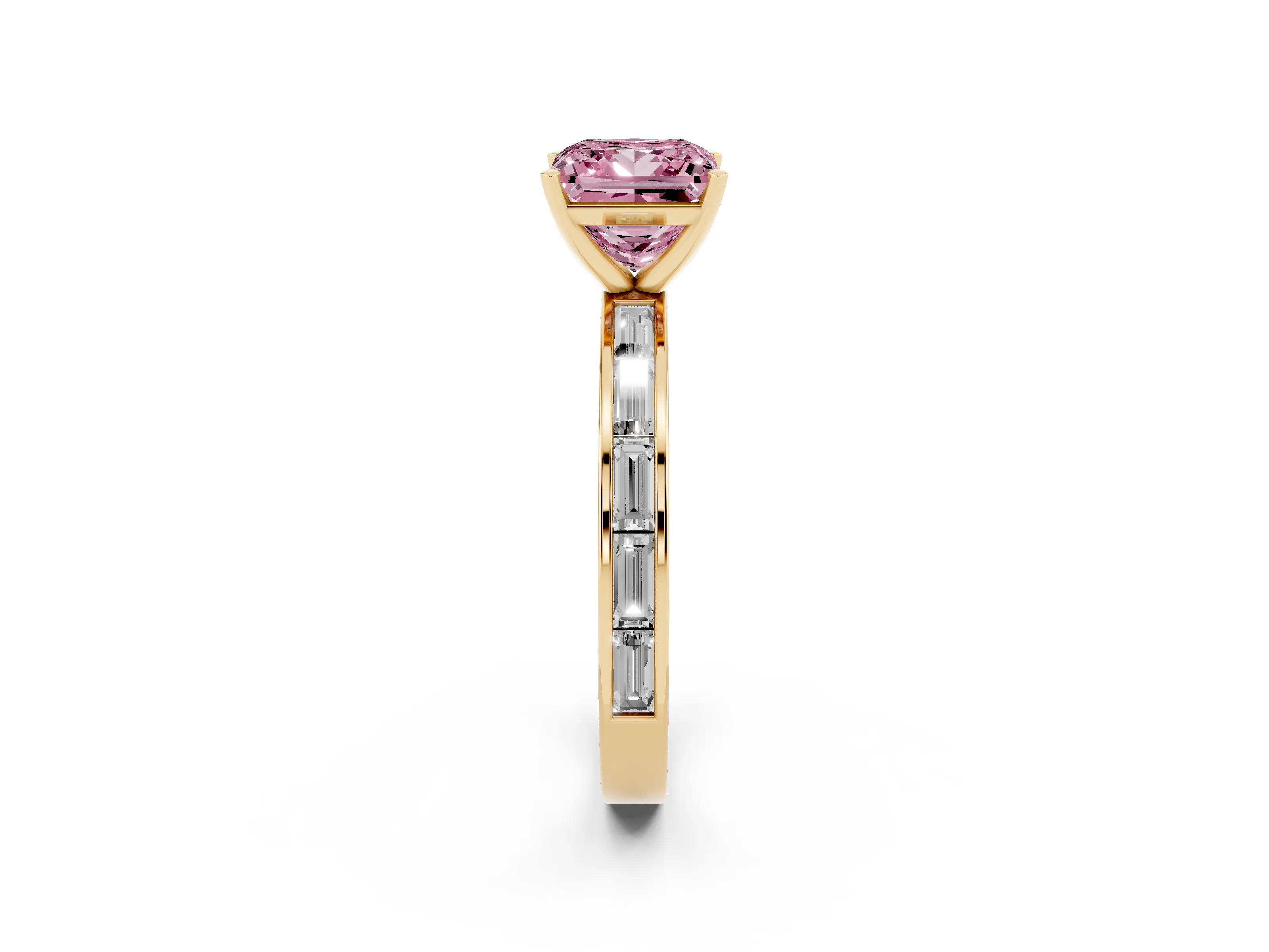 Fancy Pink Princess Cut Diamond Solitaire Ring Set in Yellow gold with Channel-Set Baguette Band and Prong Setting
