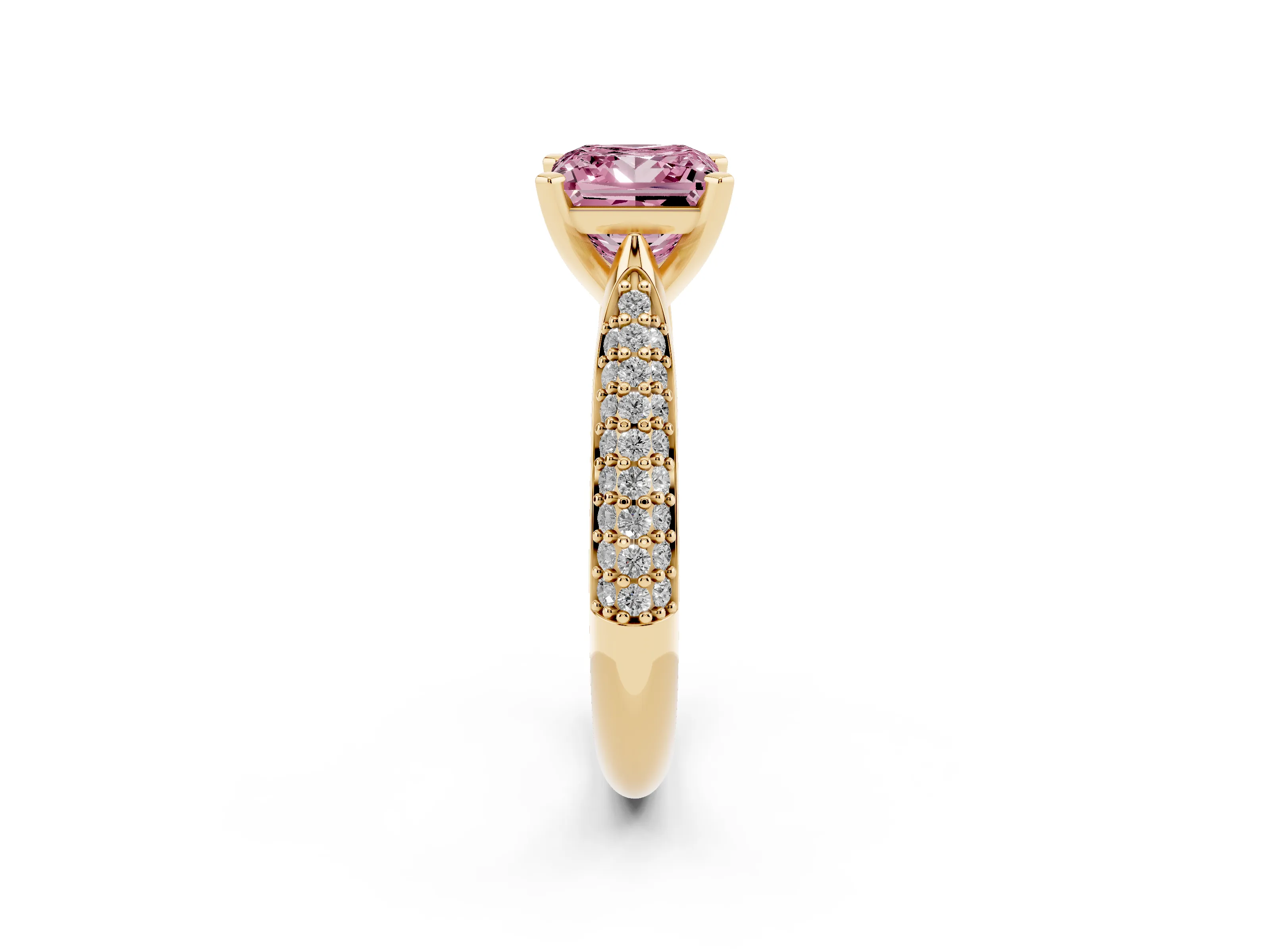 Fancy Pink Princess Cut Diamond Solitaire Engagement Ring Set in Yellow gold with Multi-Row Round Pavé Band and Prong Setting