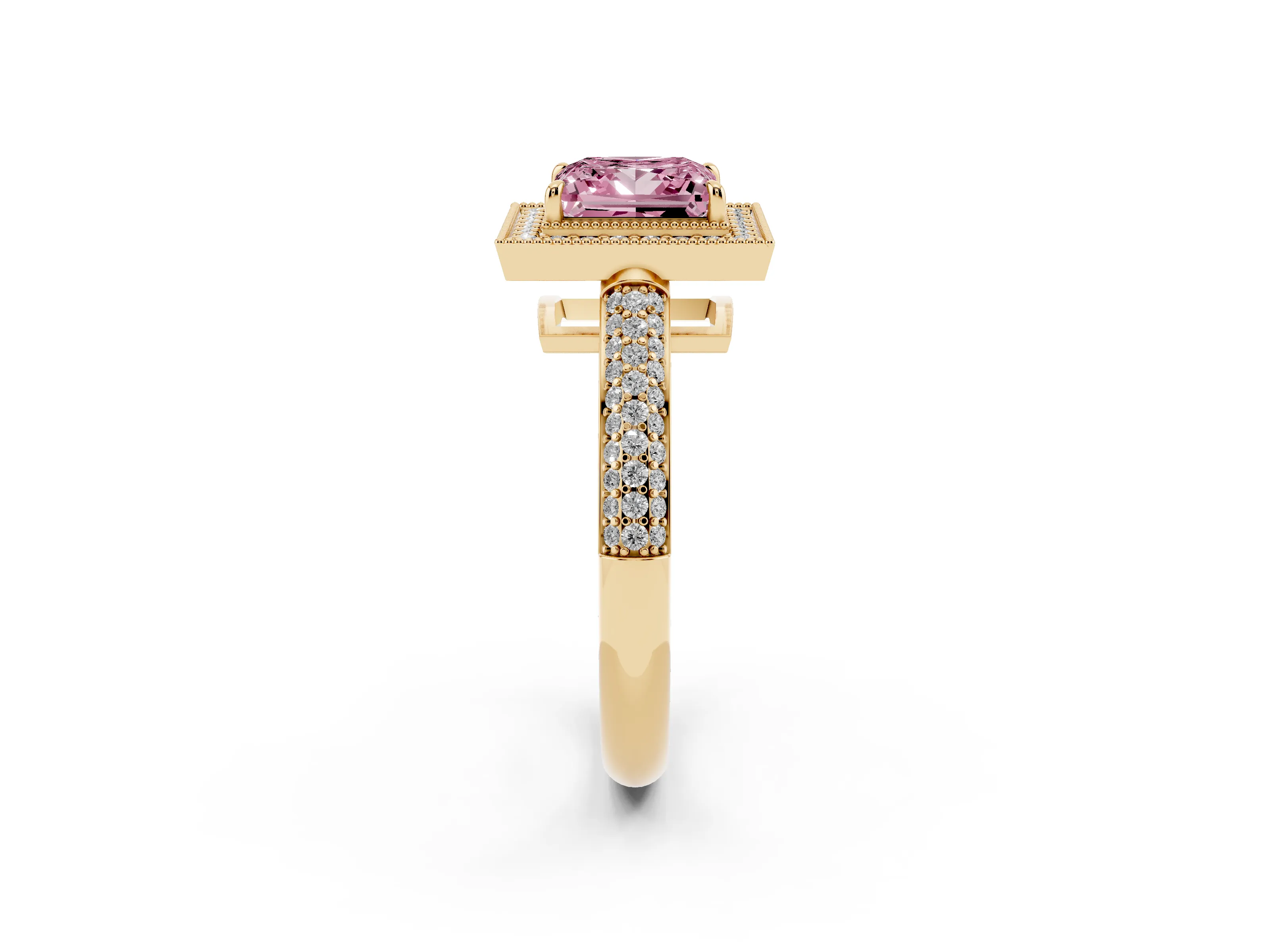 Fancy Pink Princess Cut Diamond Halo Pavé Band Set in Yellow gold with Prong Setting