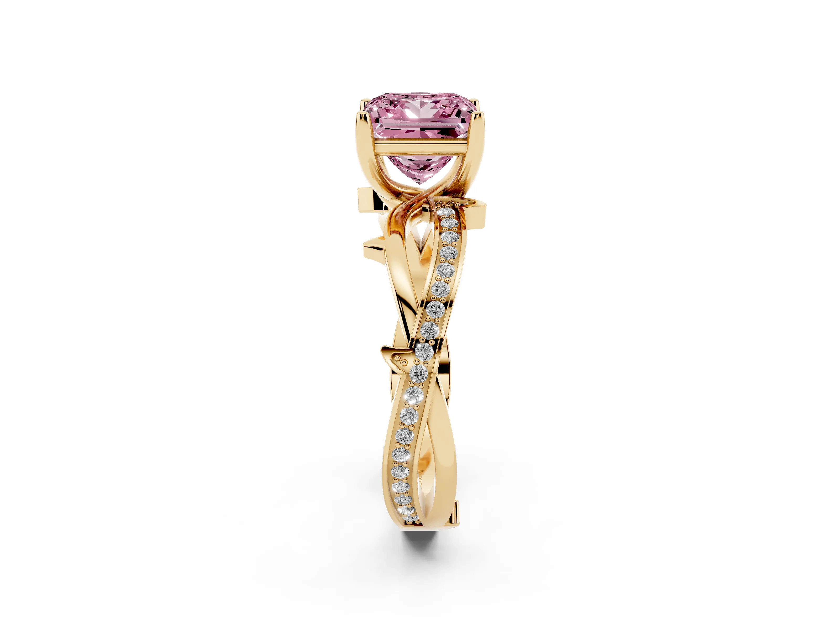 Fancy Pink Princess Cut Diamond Pavé Twist Band Solitaire Ring Set in Yellow gold with Prong Setting