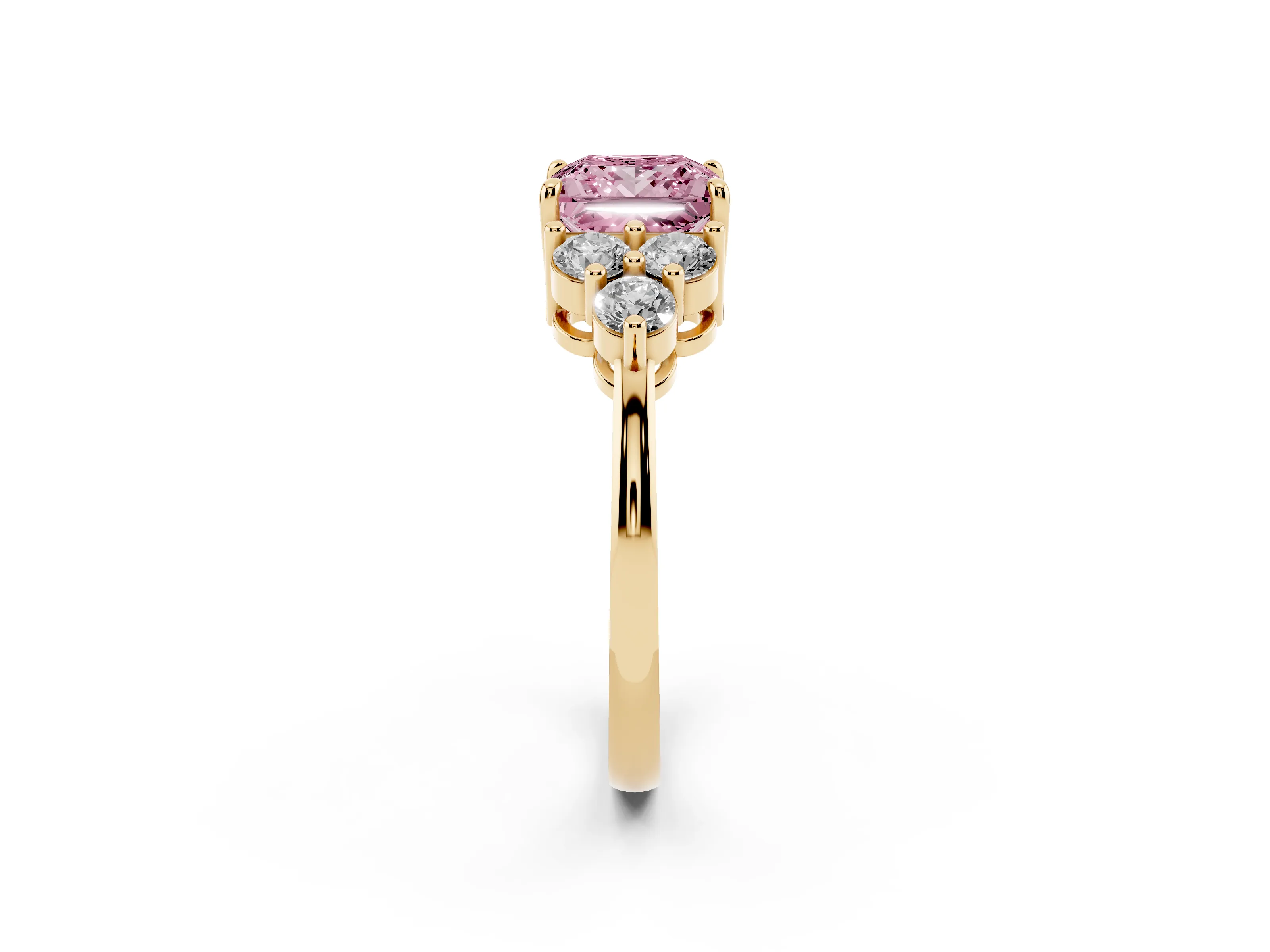 Fancy Pink Princess Cut Diamond Solitaire Ring Set in Yellow gold with Cluster Accents on Each Side