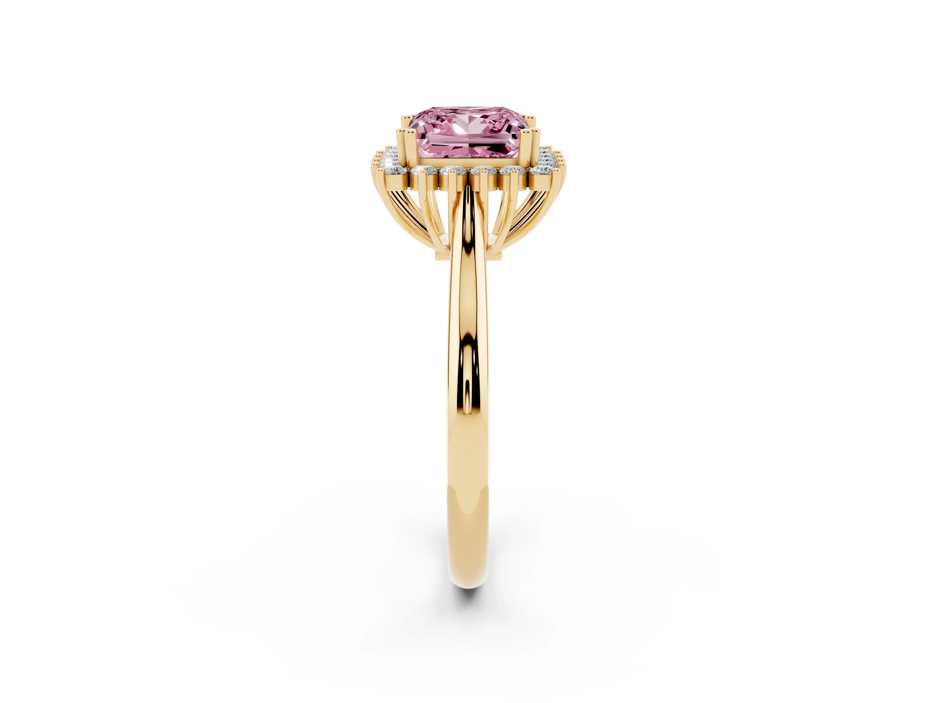 Fancy Pink Princess Cut Diamond Halo Ring Set in Yellow gold with Plain Solitaire Band and Prong Setting