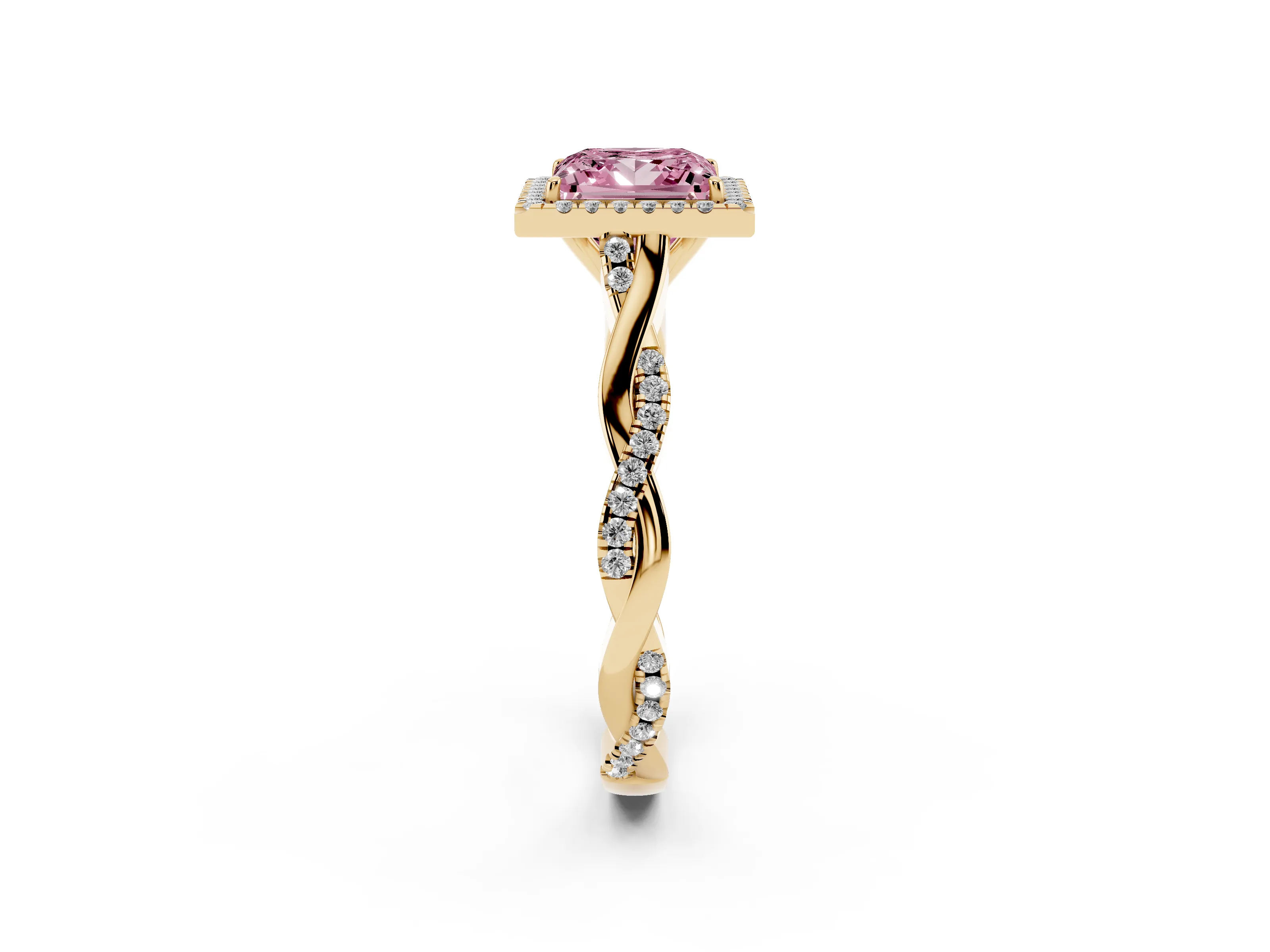 Fancy Pink Princess Cut Diamond Halo Twist Band Solitaire Ring Set in Yellow gold with Prong Setting