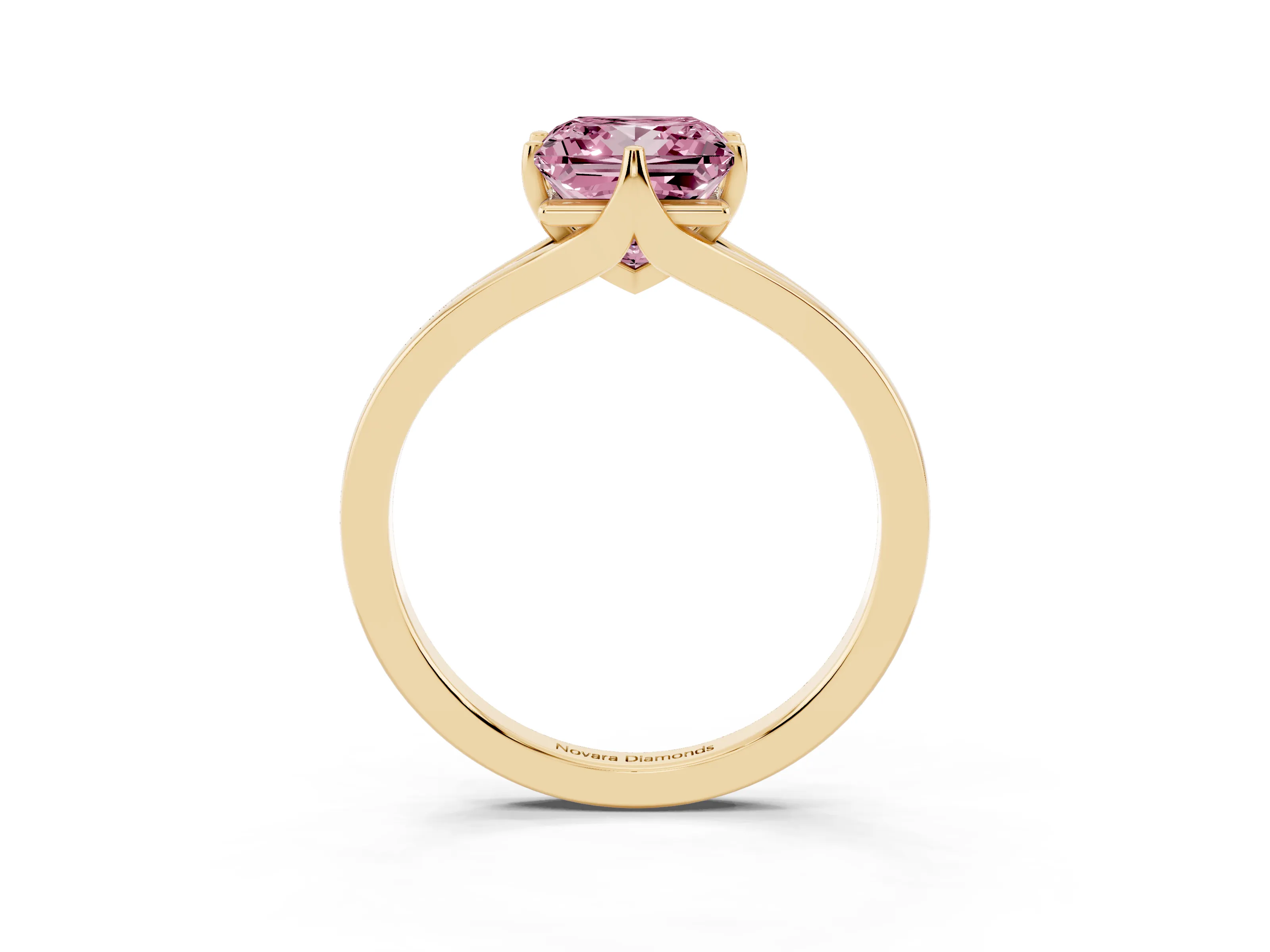Fancy Pink Princess Cut Diamond Solitaire Ring Set in Yellow gold with Polished Tapered Band and Prong Setting