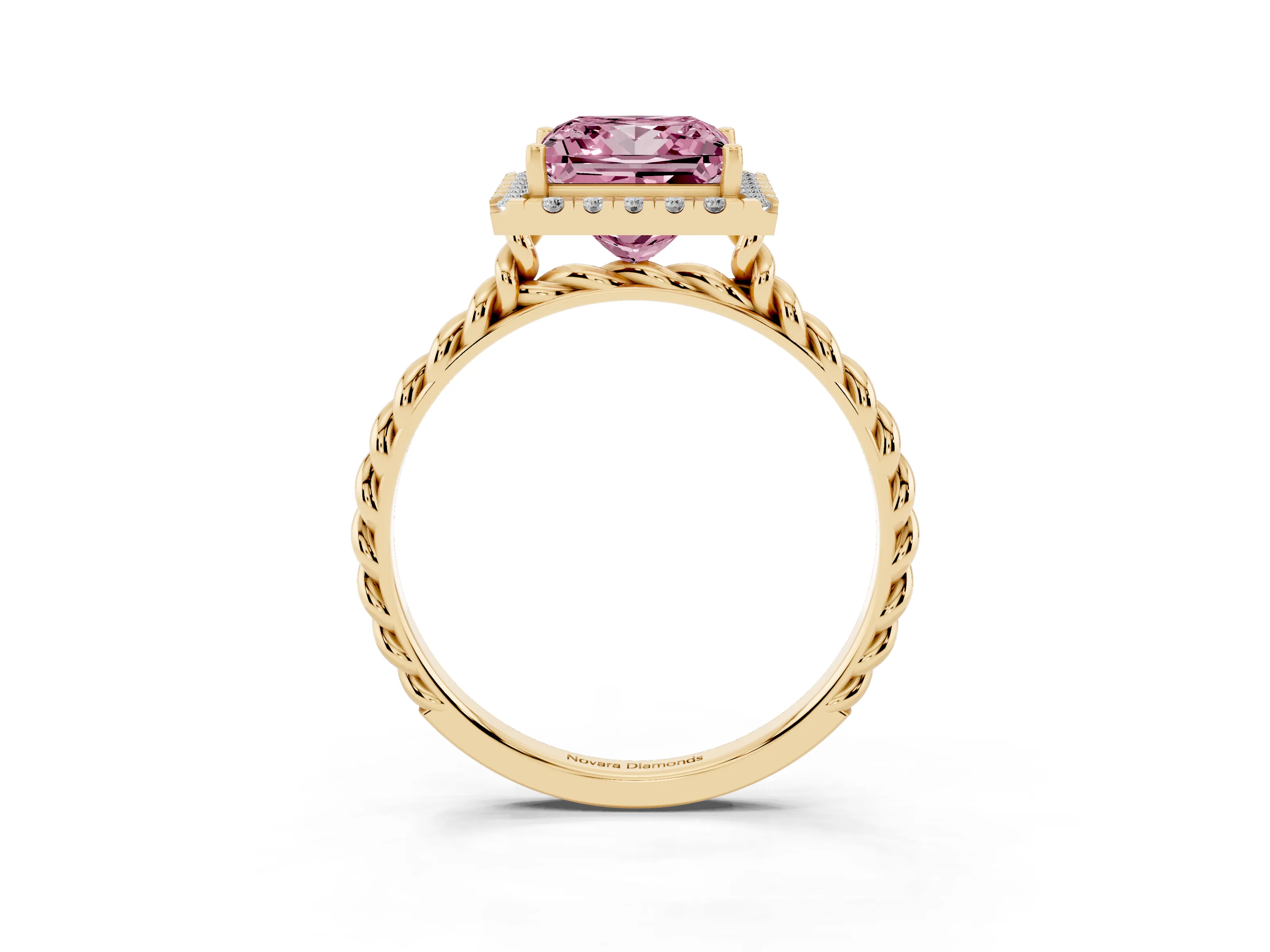 Fancy Pink Princess Cut Diamond Halo Ring Set in Yellow gold with Plain Twisted Band